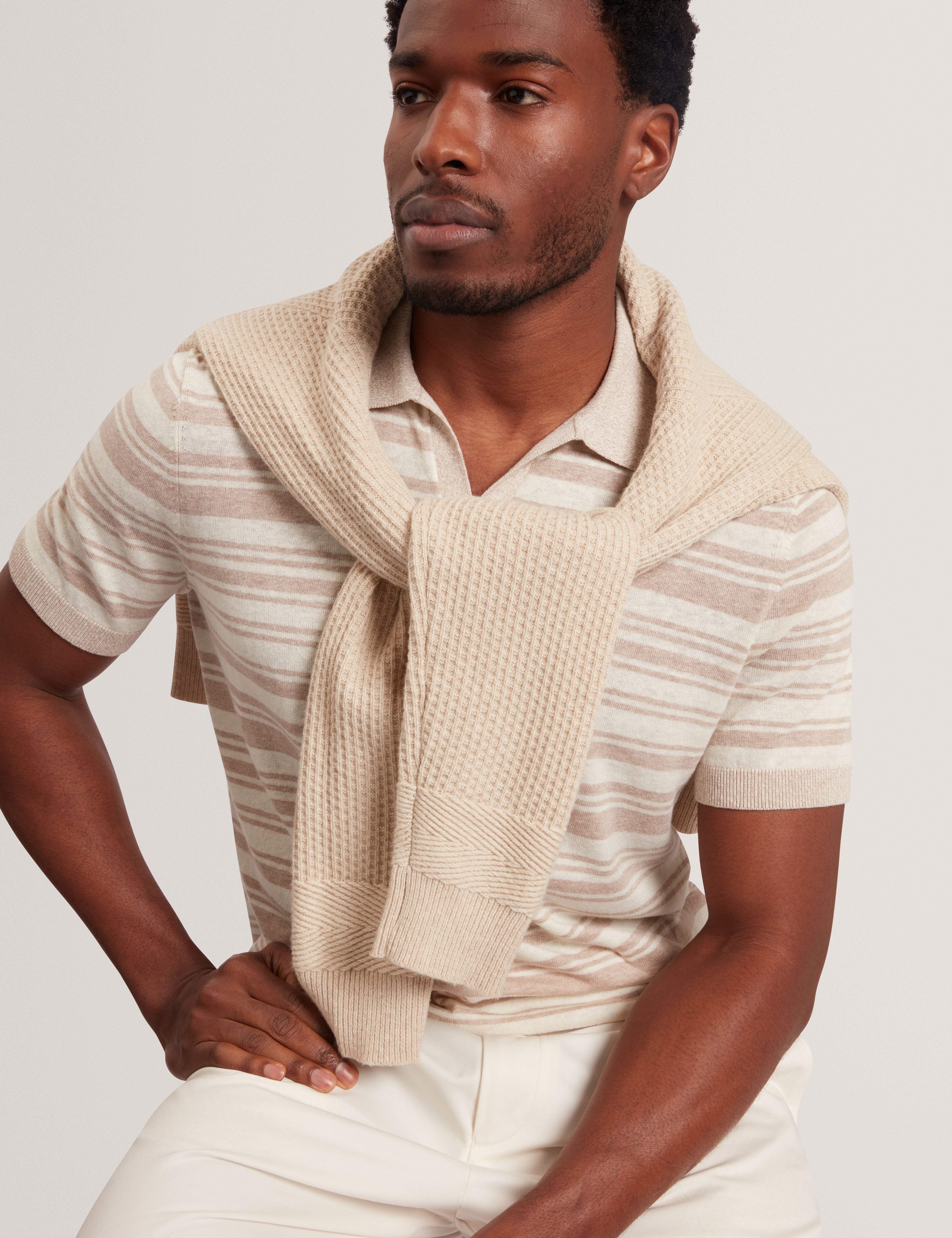 Brodi Linen Blend Stripe Knitted Polo Ecru