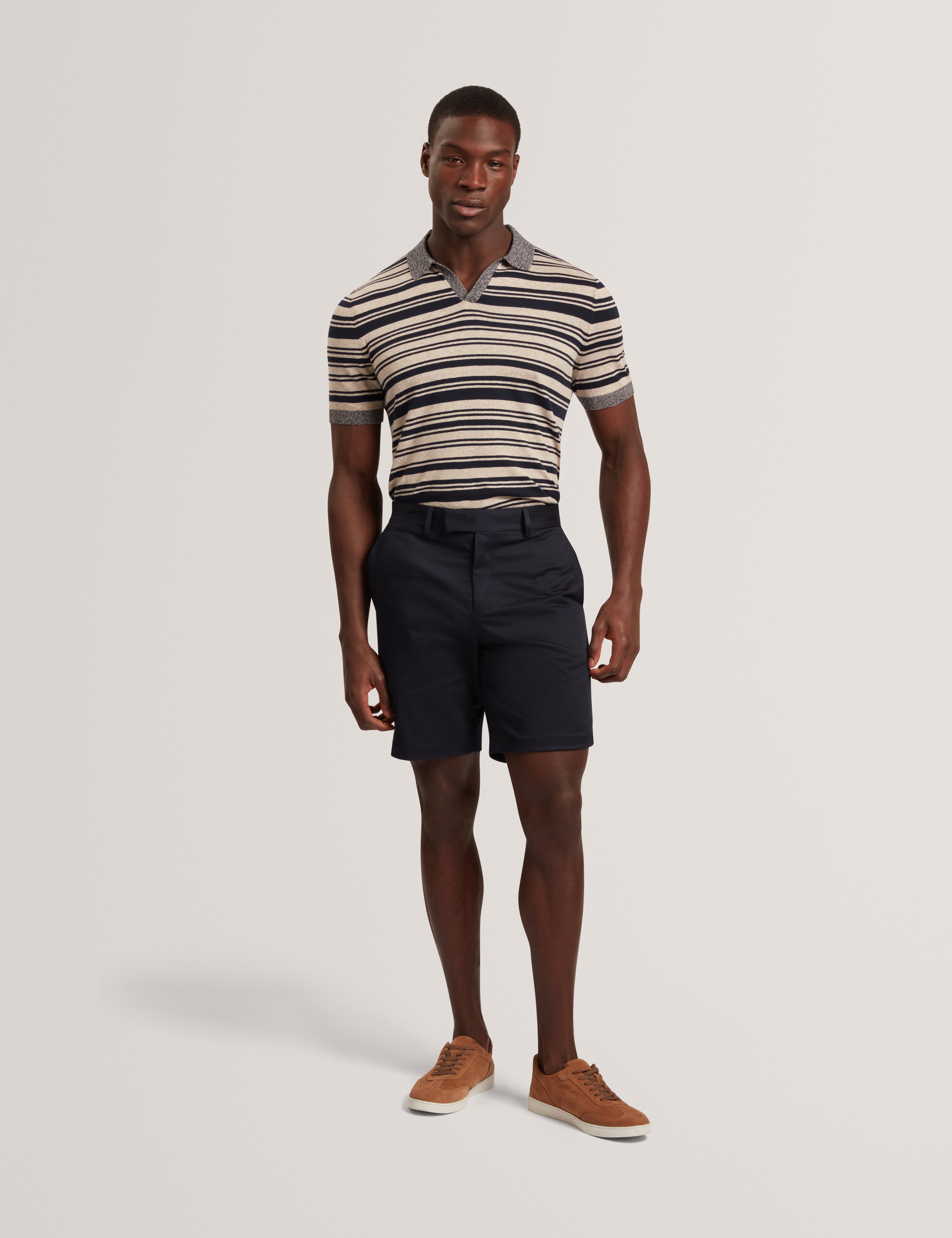 Brodi Linen Blend Stripe Knitted Polo Navy