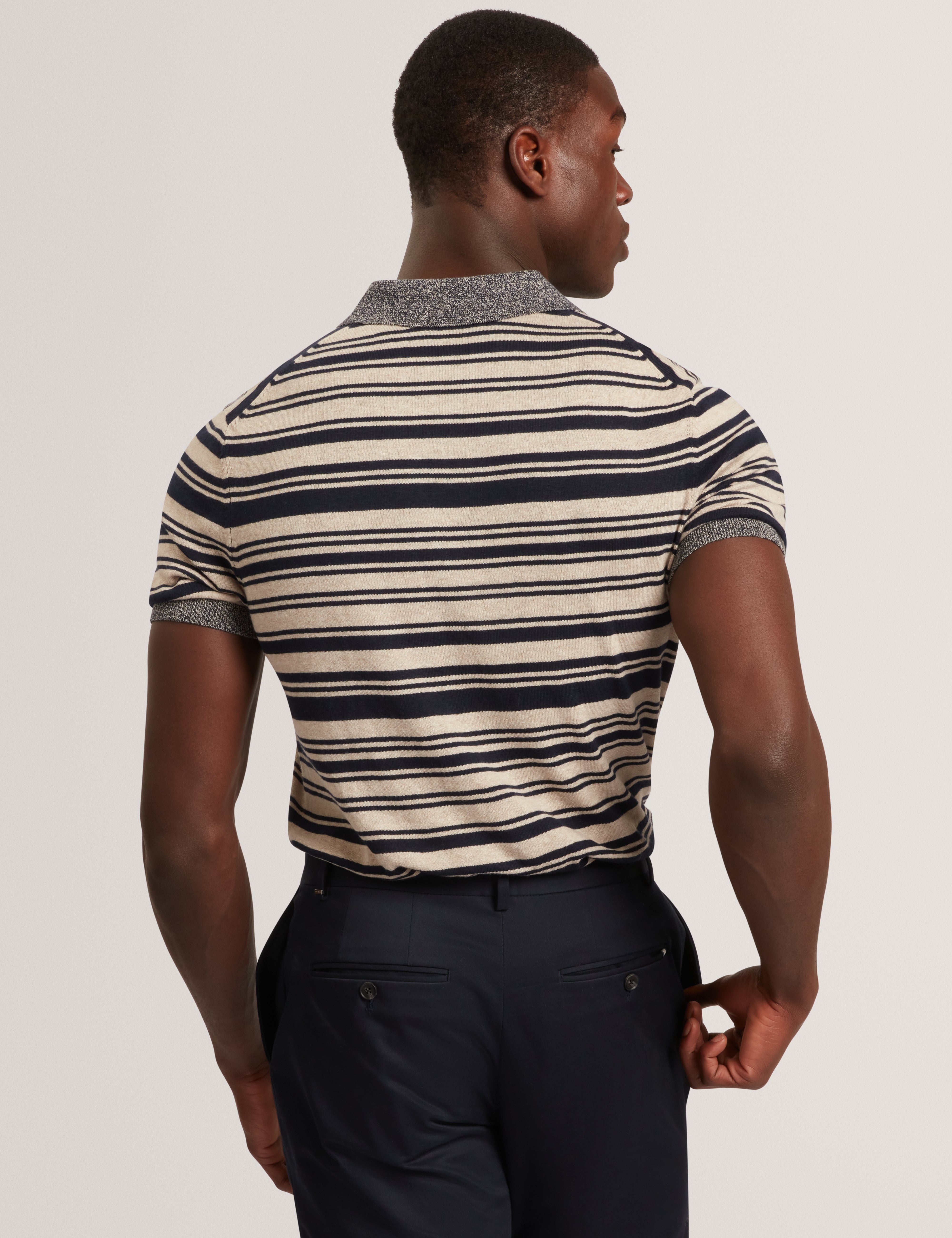 Brodi Linen Blend Stripe Knitted Polo Navy