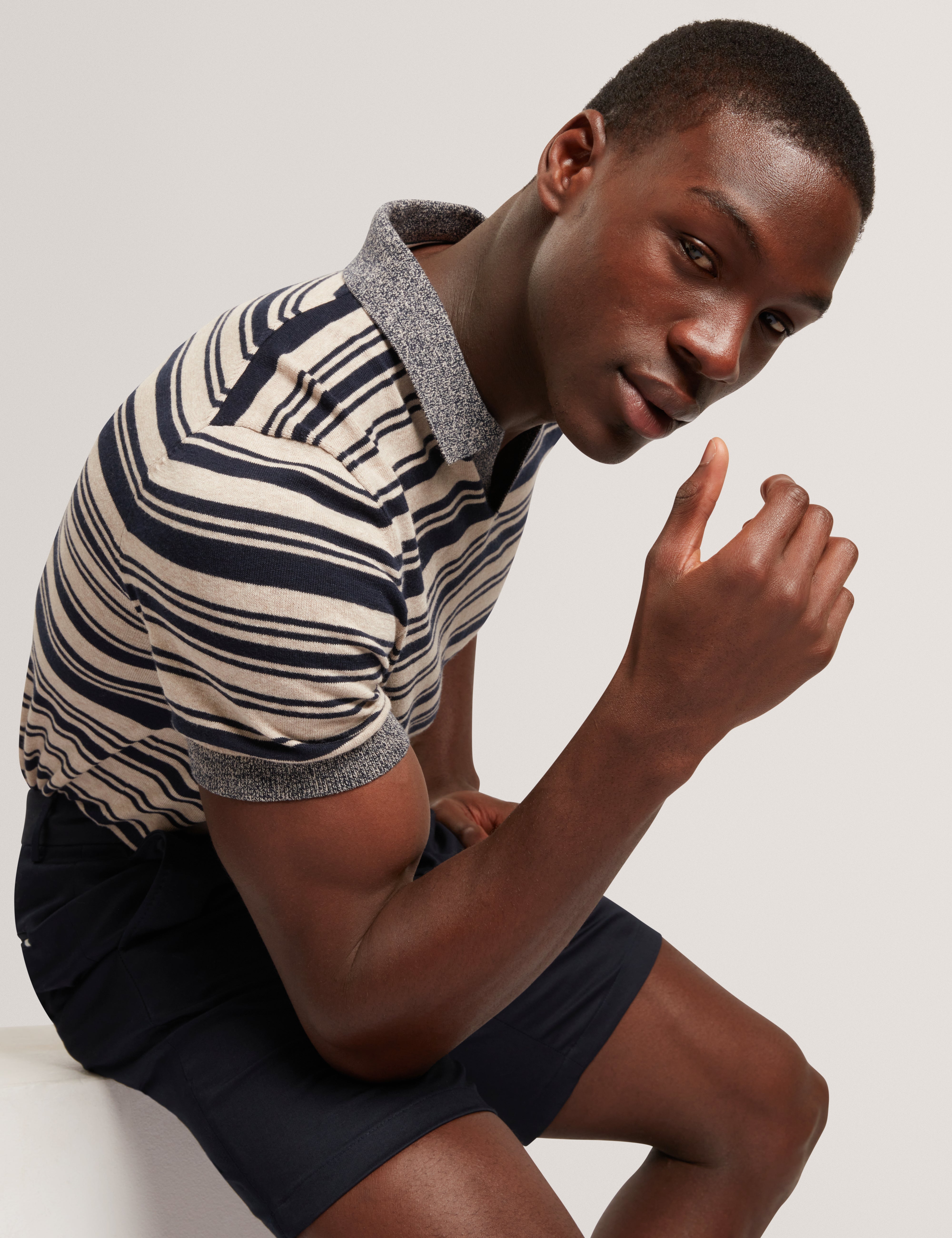 Brodi Linen Blend Stripe Knitted Polo Navy