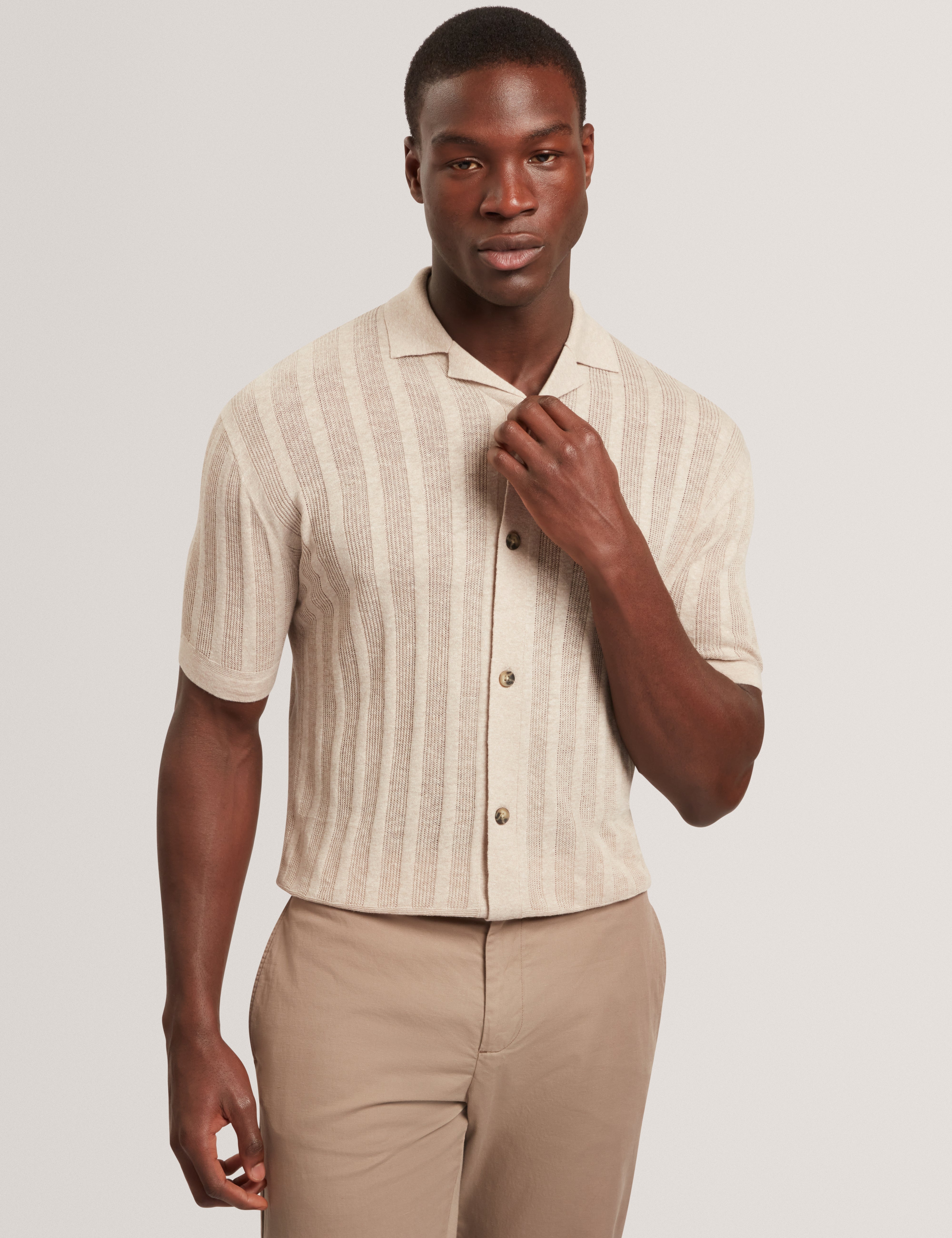 Edio Edio Short Sleeve Stitch Interest Revere Collar Polo Ecru