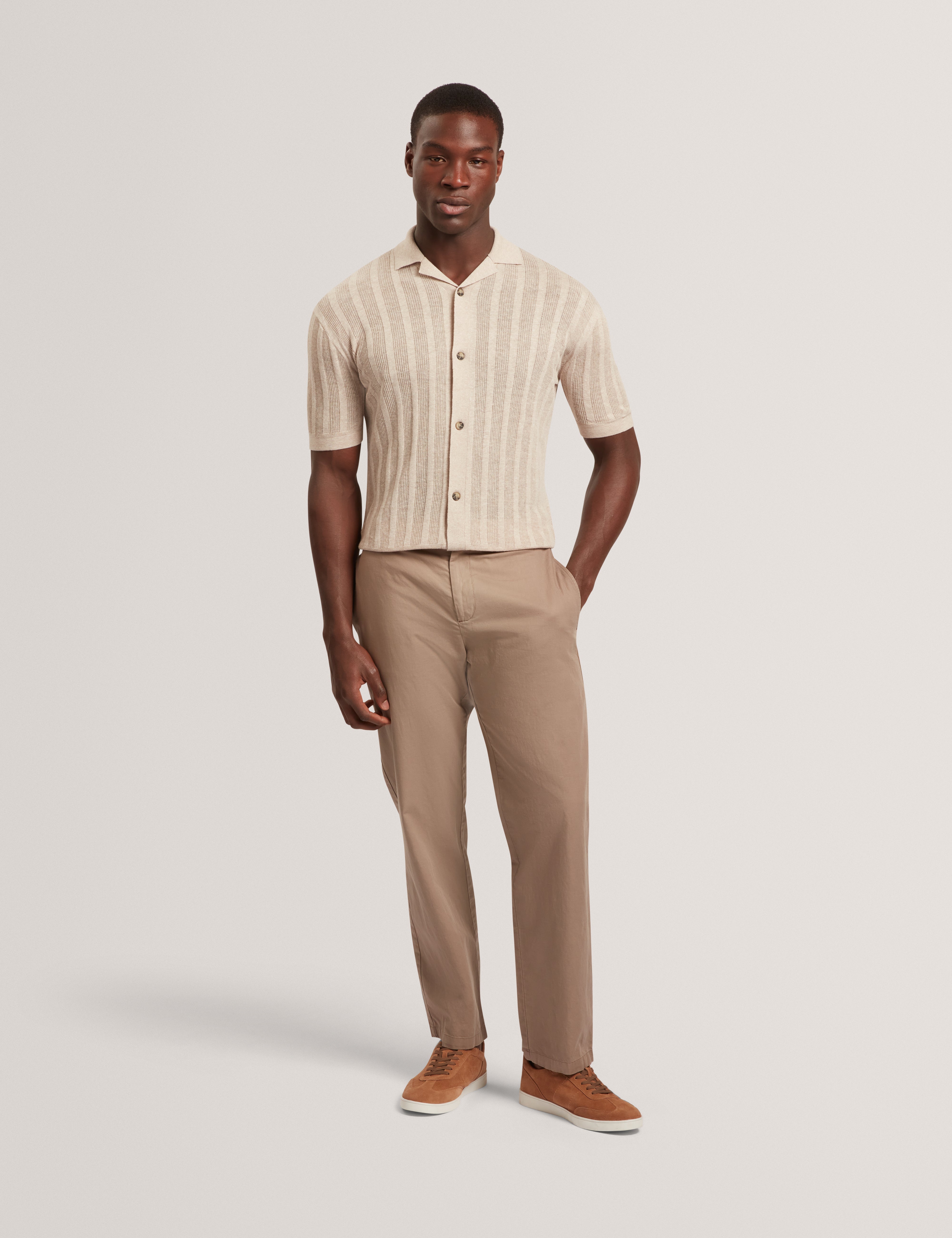 Edio Short Sleeve Stitch Interest Revere Collar Polo Ecru