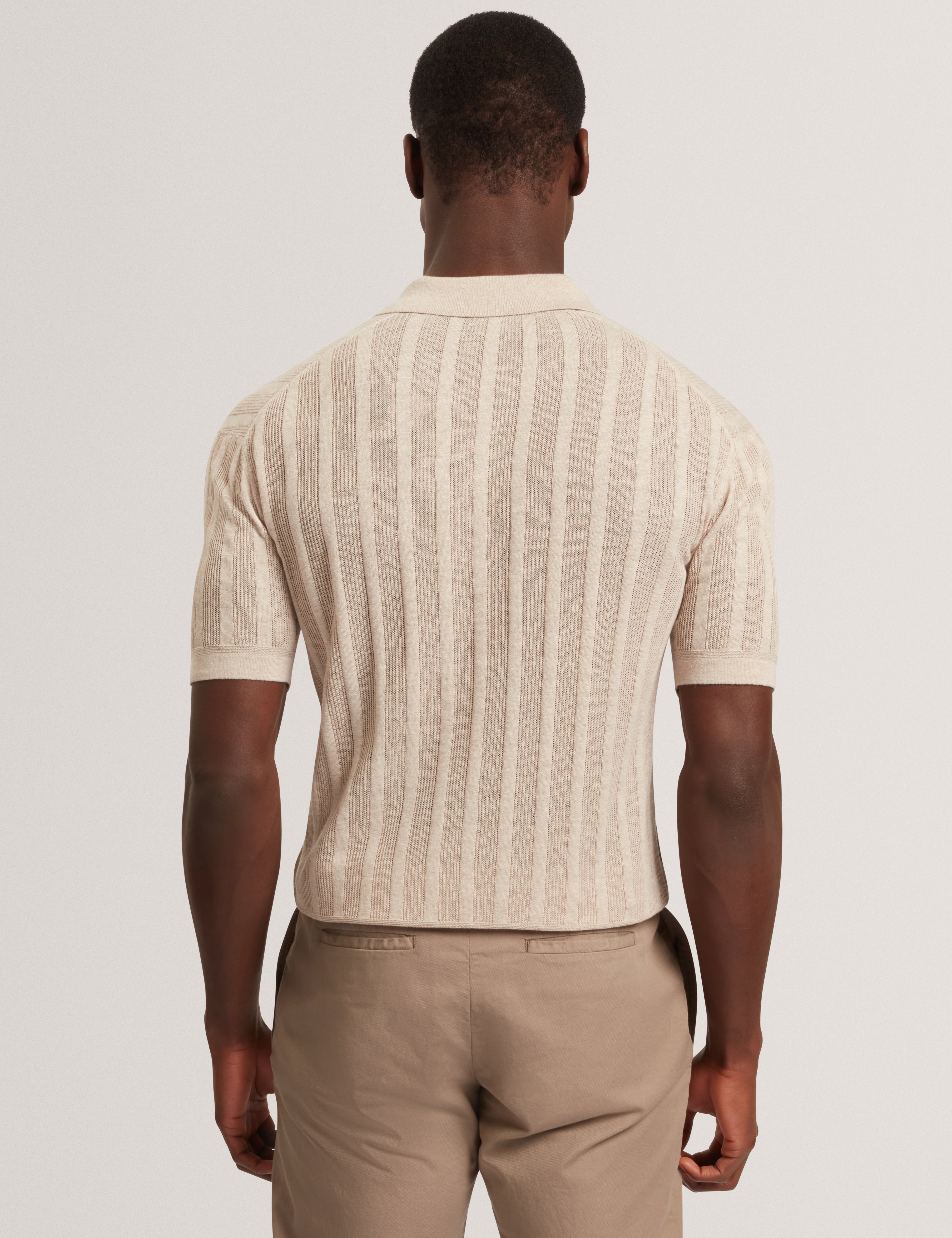 Edio Short Sleeve Stitch Interest Revere Collar Polo Ecru