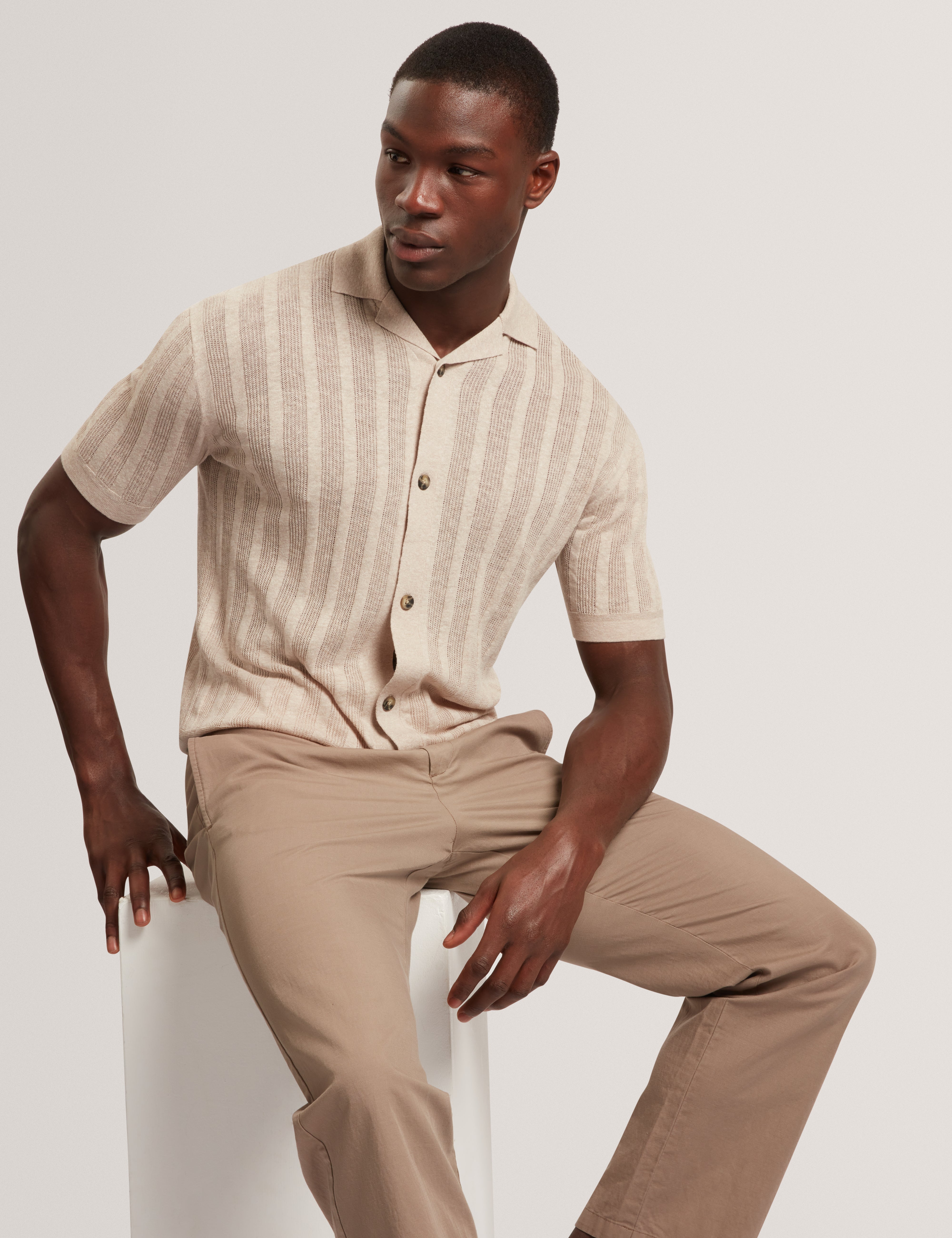 Edio Short Sleeve Stitch Interest Revere Collar Polo Ecru