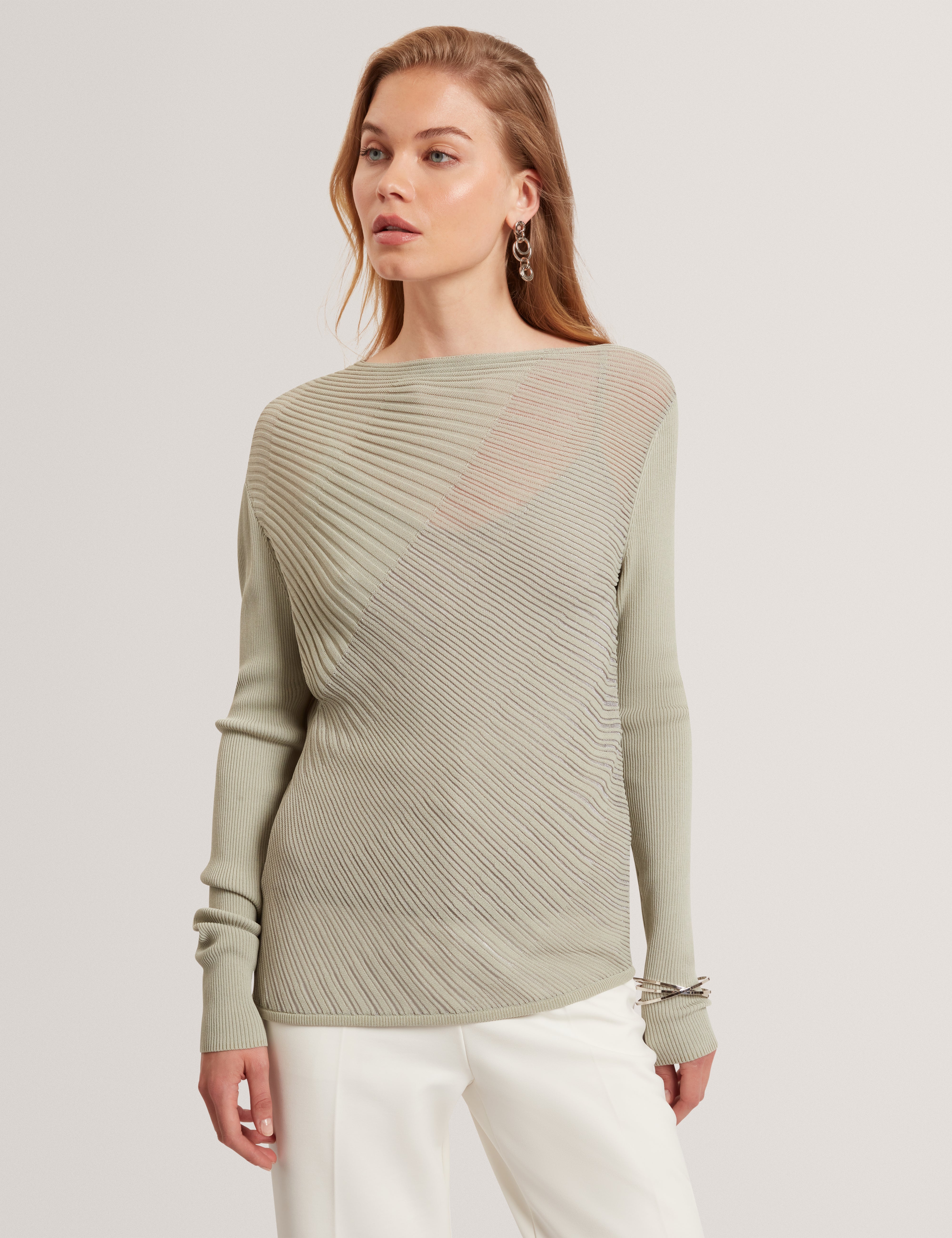 Ceyloaa Long Sleeve Sheer Detail Knit Top Lt-Grey