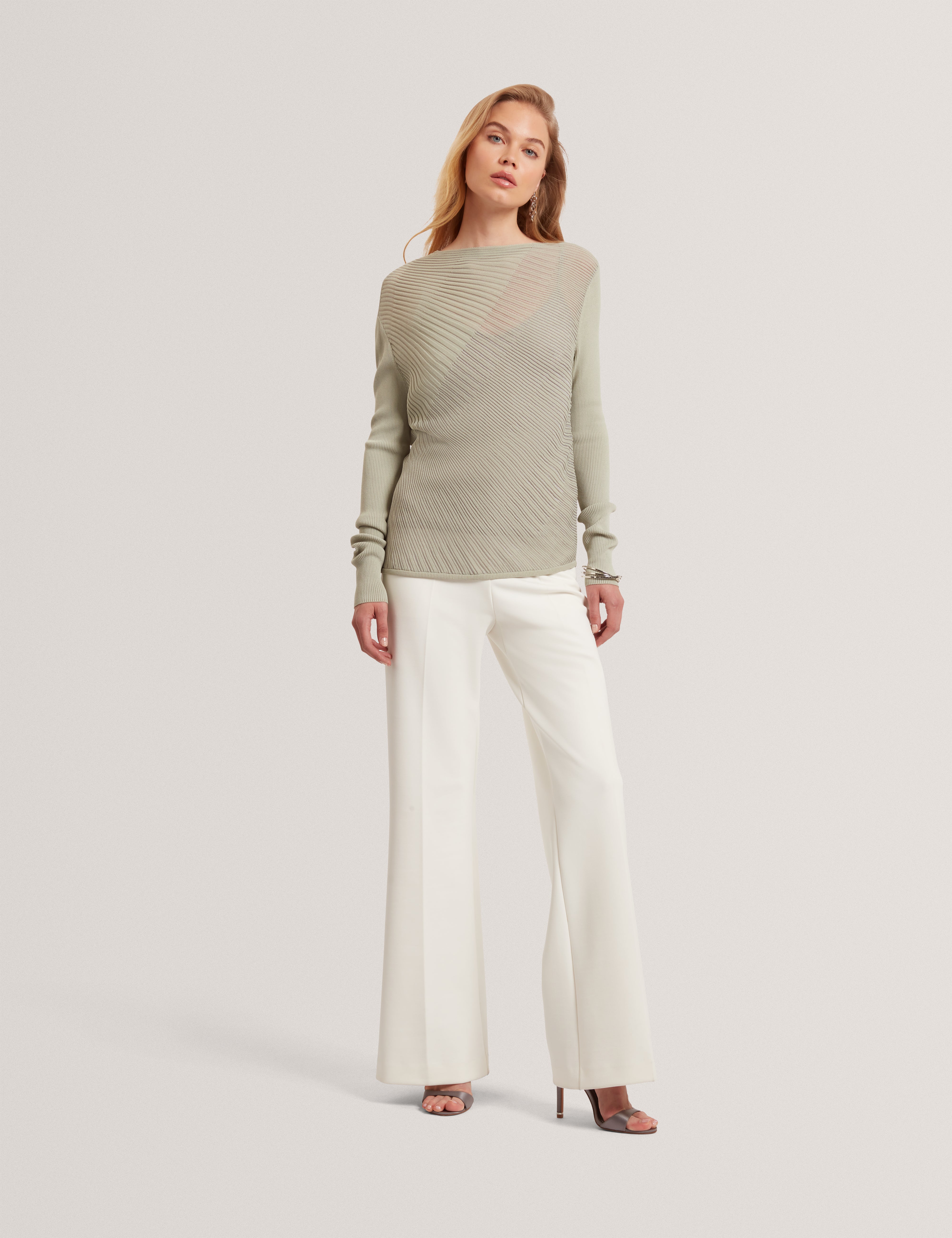 Ceyloaa Long Sleeve Sheer Detail Knit Top Lt-Grey