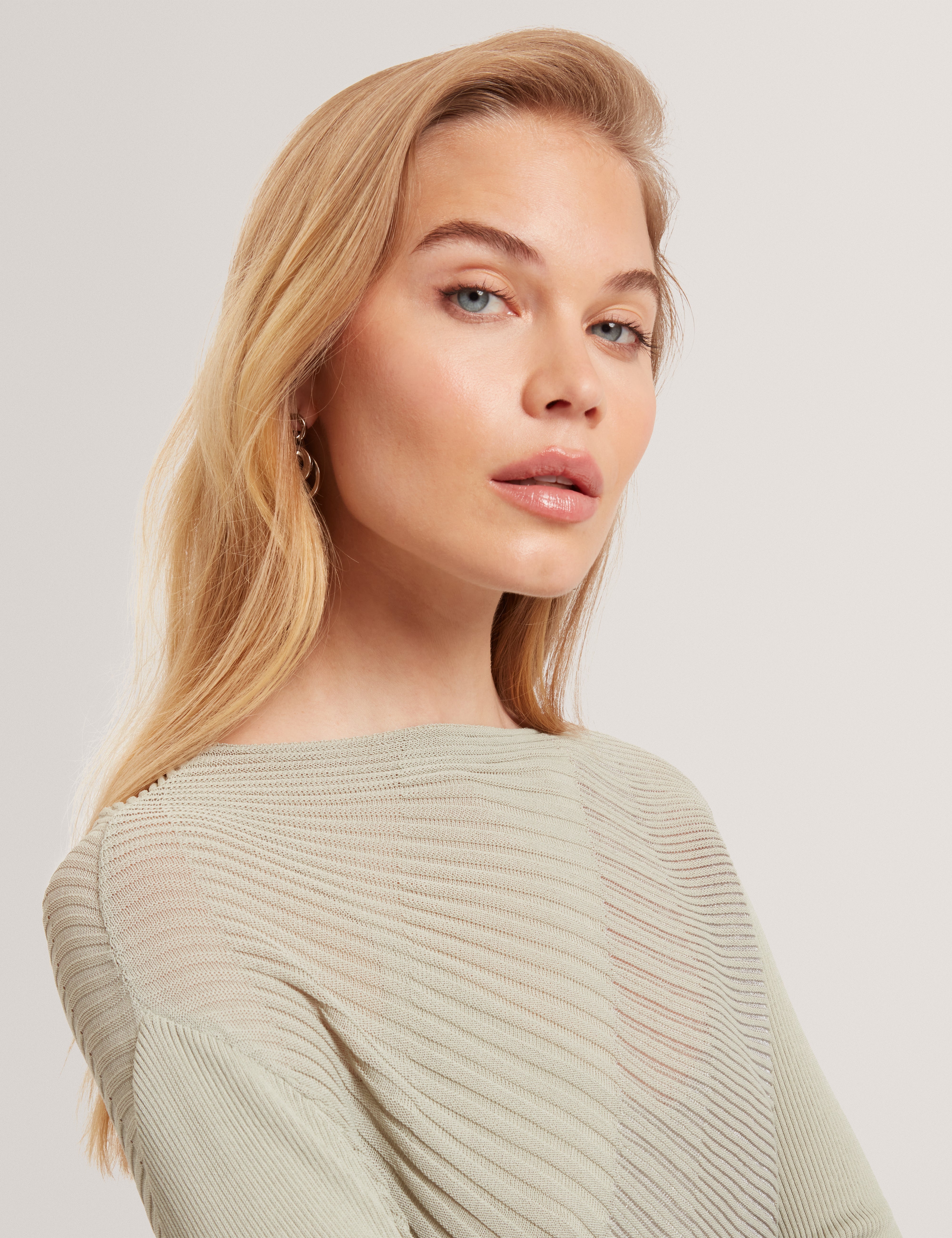 Ceyloaa Long Sleeve Sheer Detail Knit Top Lt-Grey