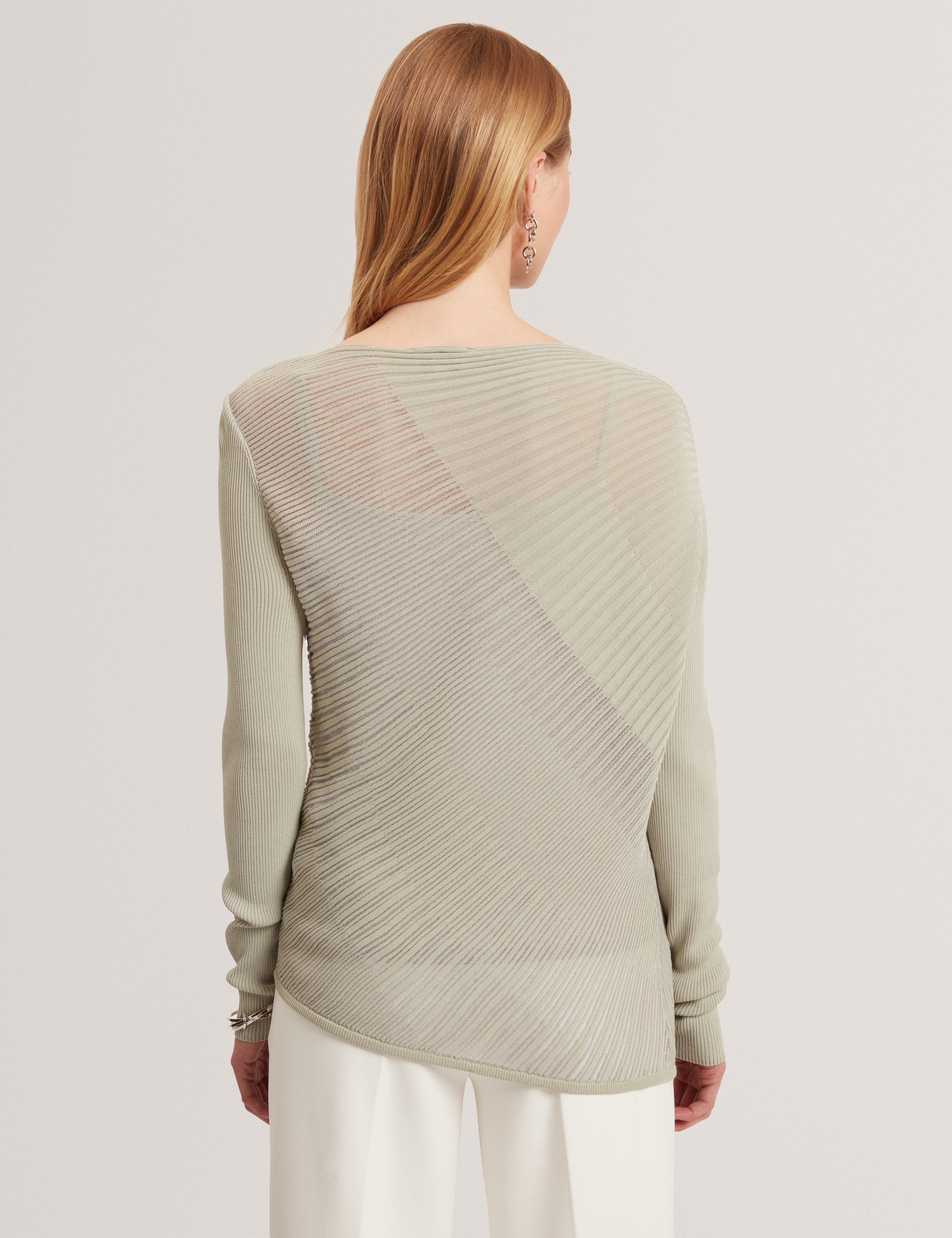 Ceyloaa Long Sleeve Sheer Detail Knit Top Lt-Grey