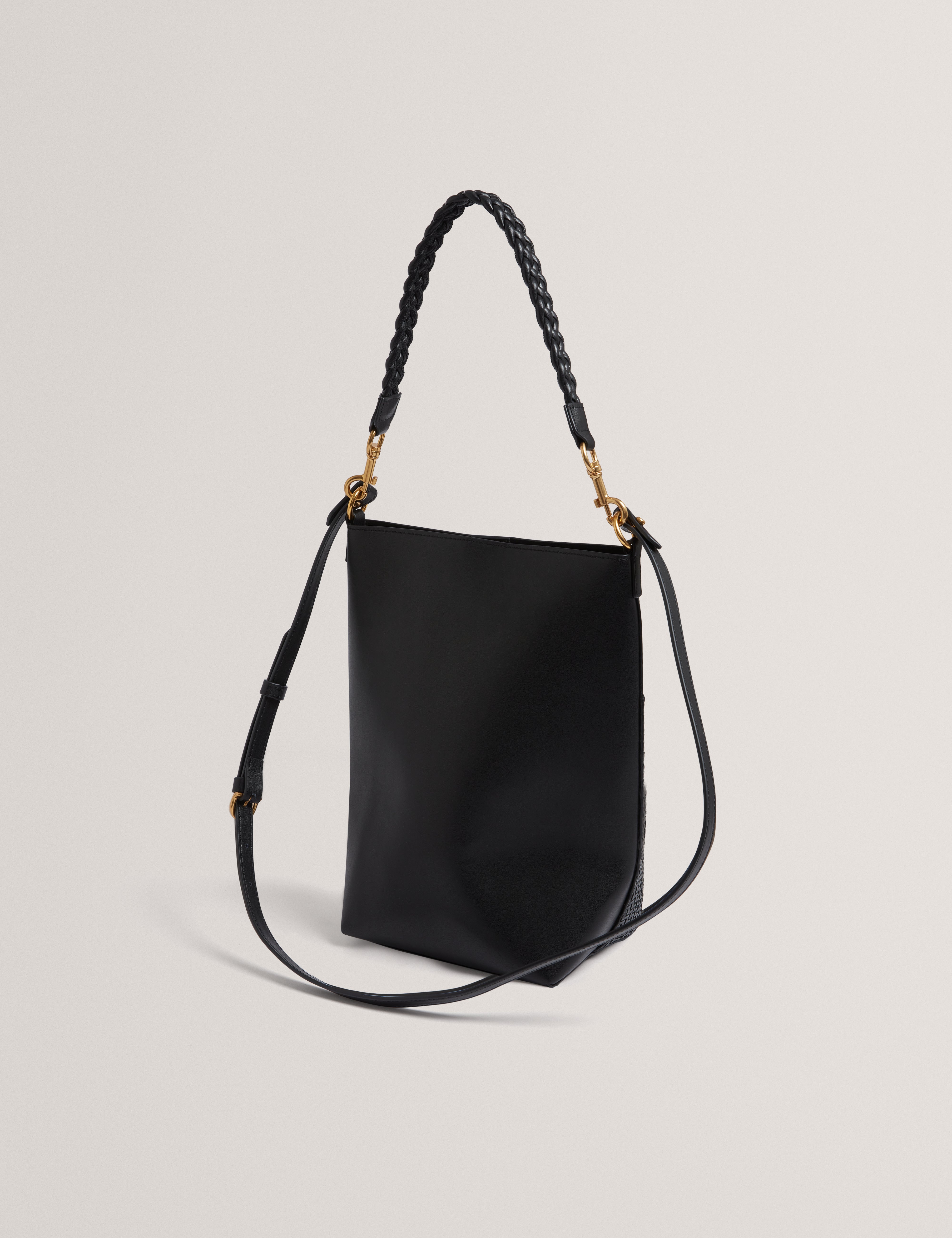 Wyynie Elongated Woven Handle Leather Bucket Ba Black