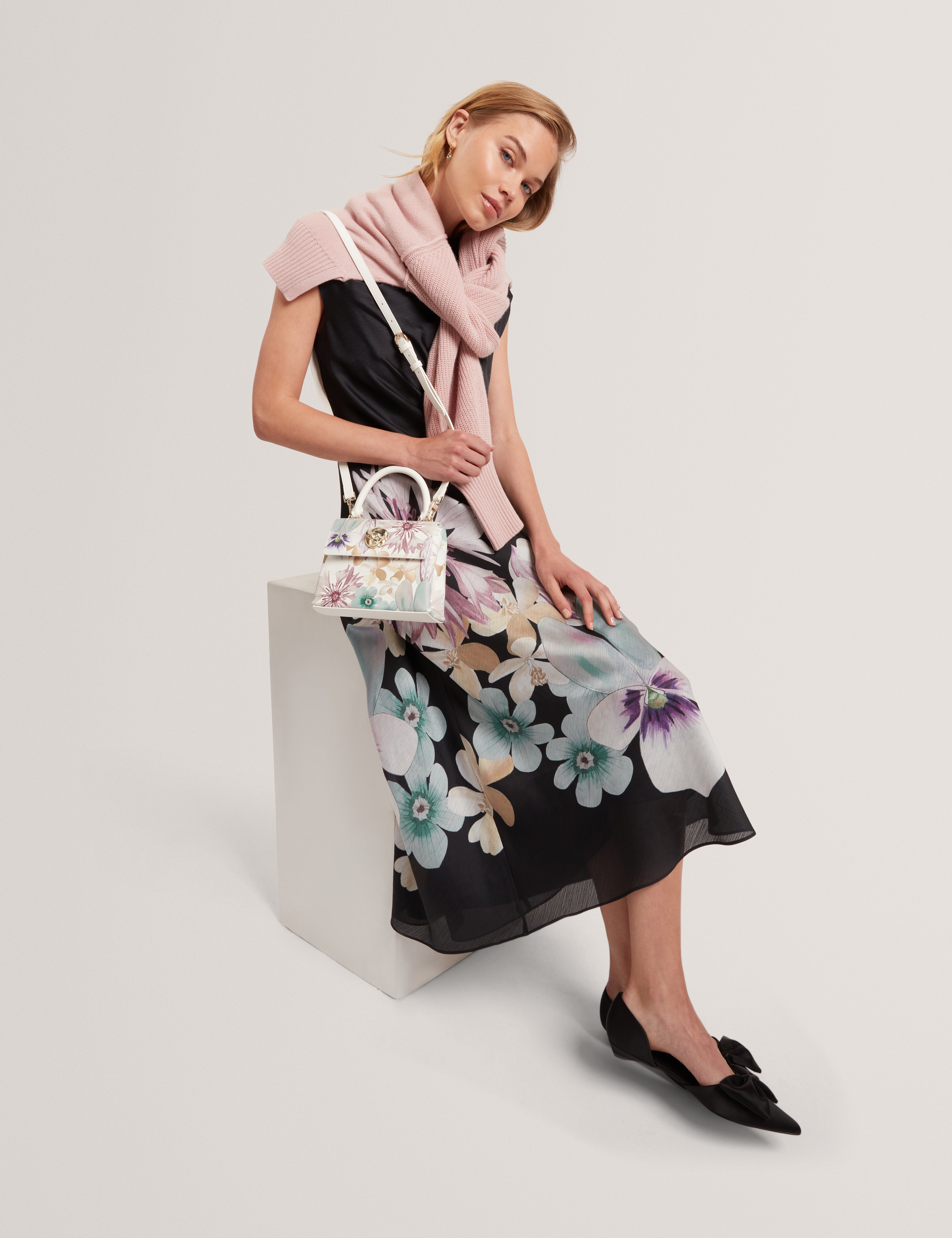 Helensi Petal Print Mini Top Handle Bag White