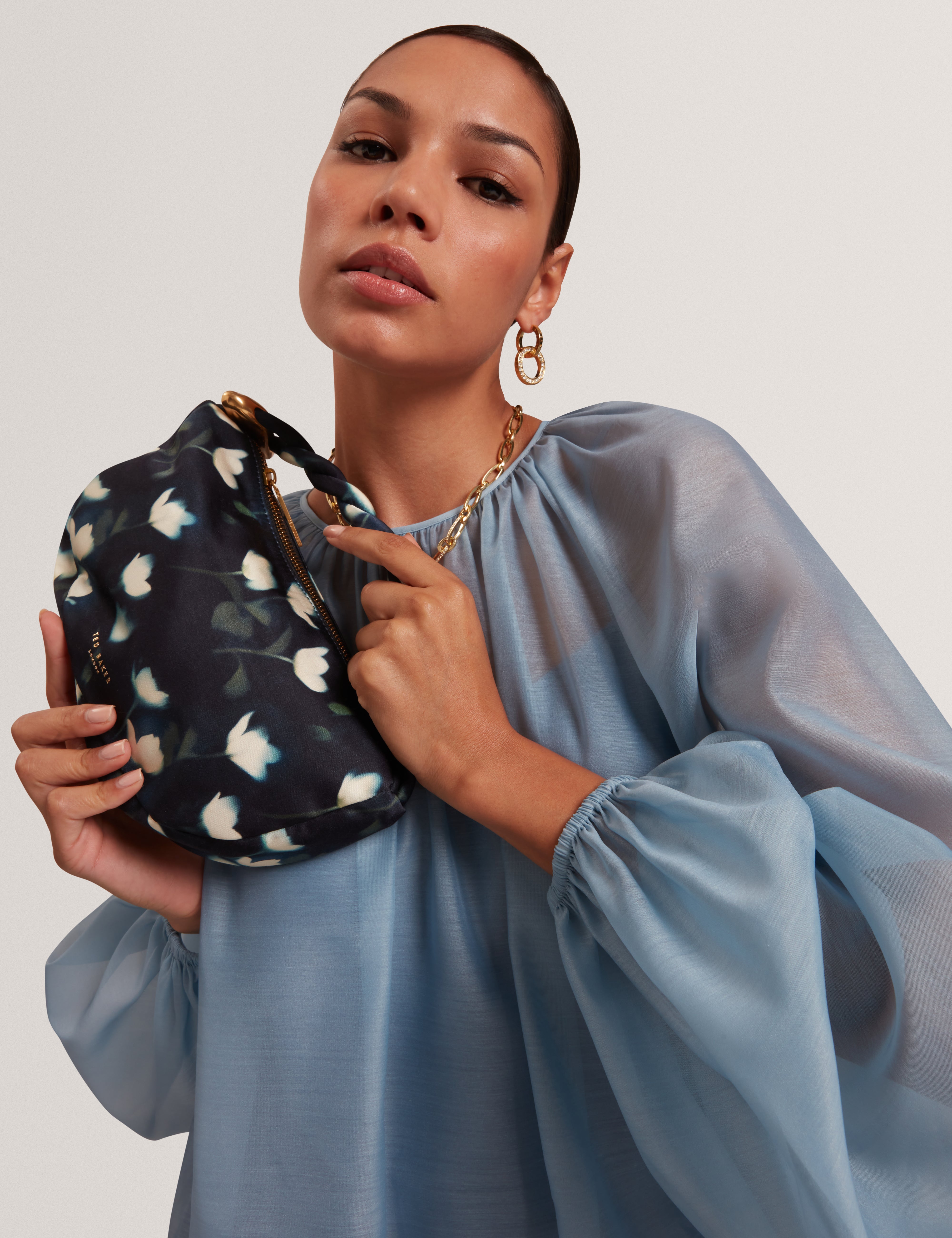 Isli Satin Statement Hardware Printed Hobo Bag Navy