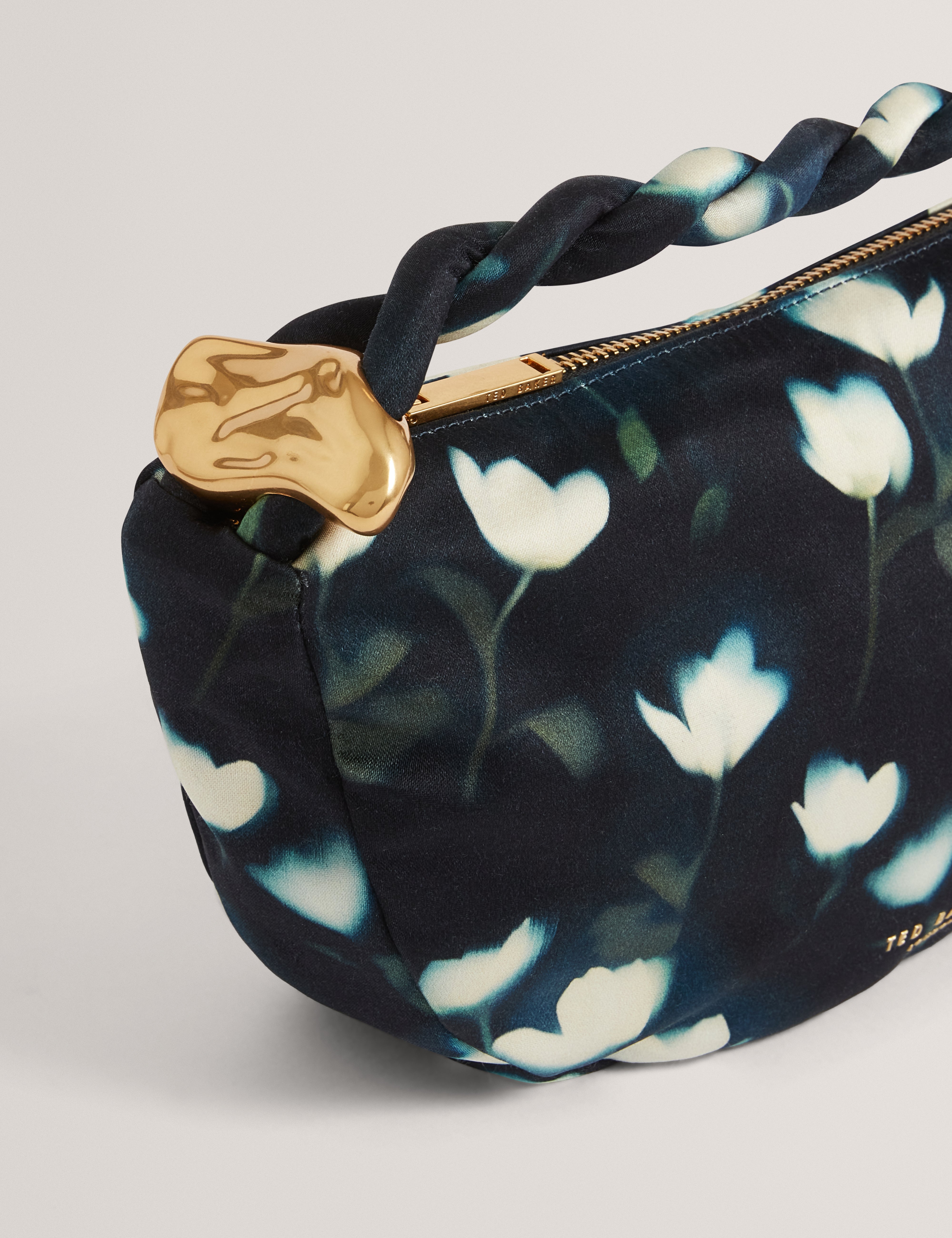 Isli Satin Statement Hardware Printed Hobo Bag Navy