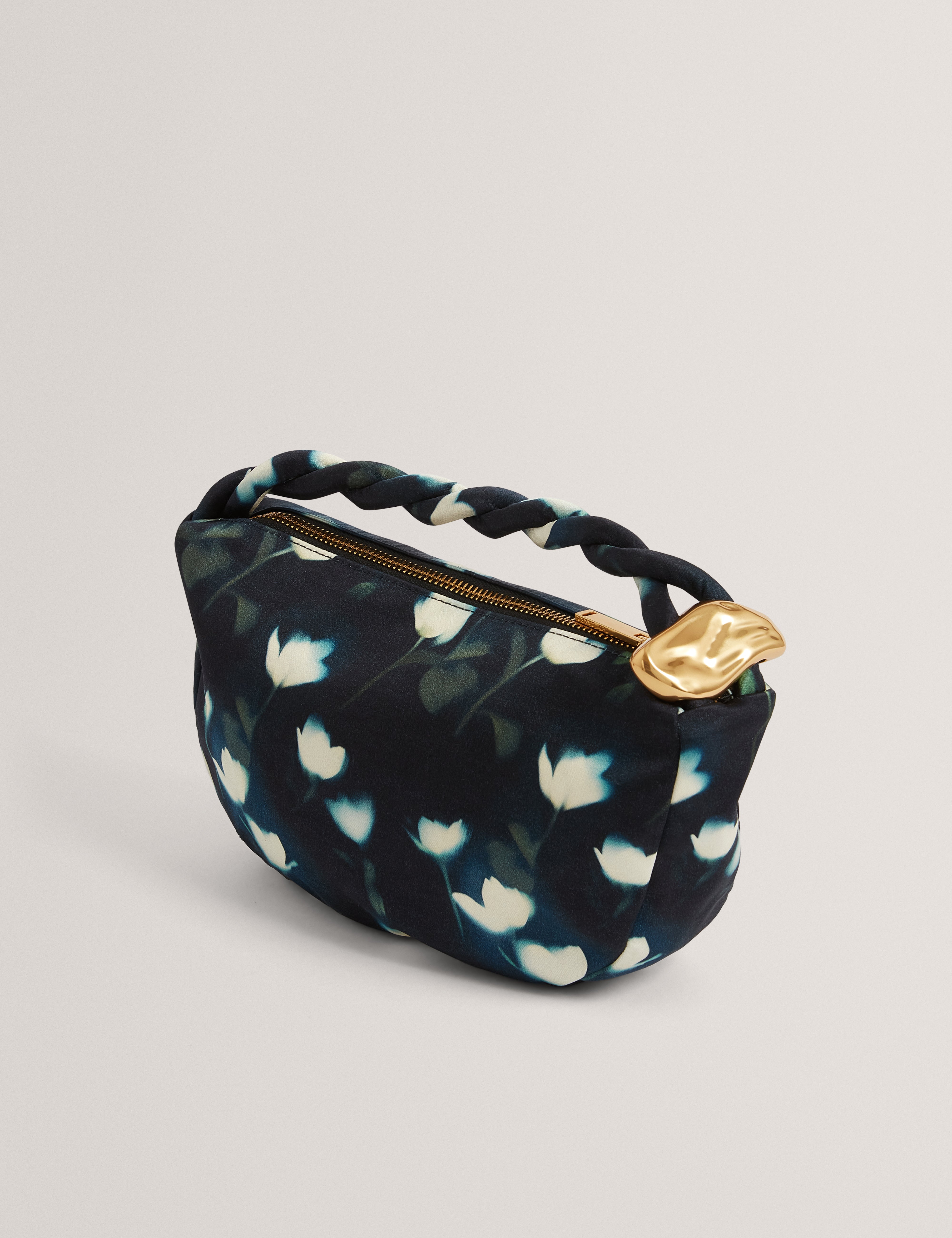 Isli Satin Statement Hardware Printed Hobo Bag Navy