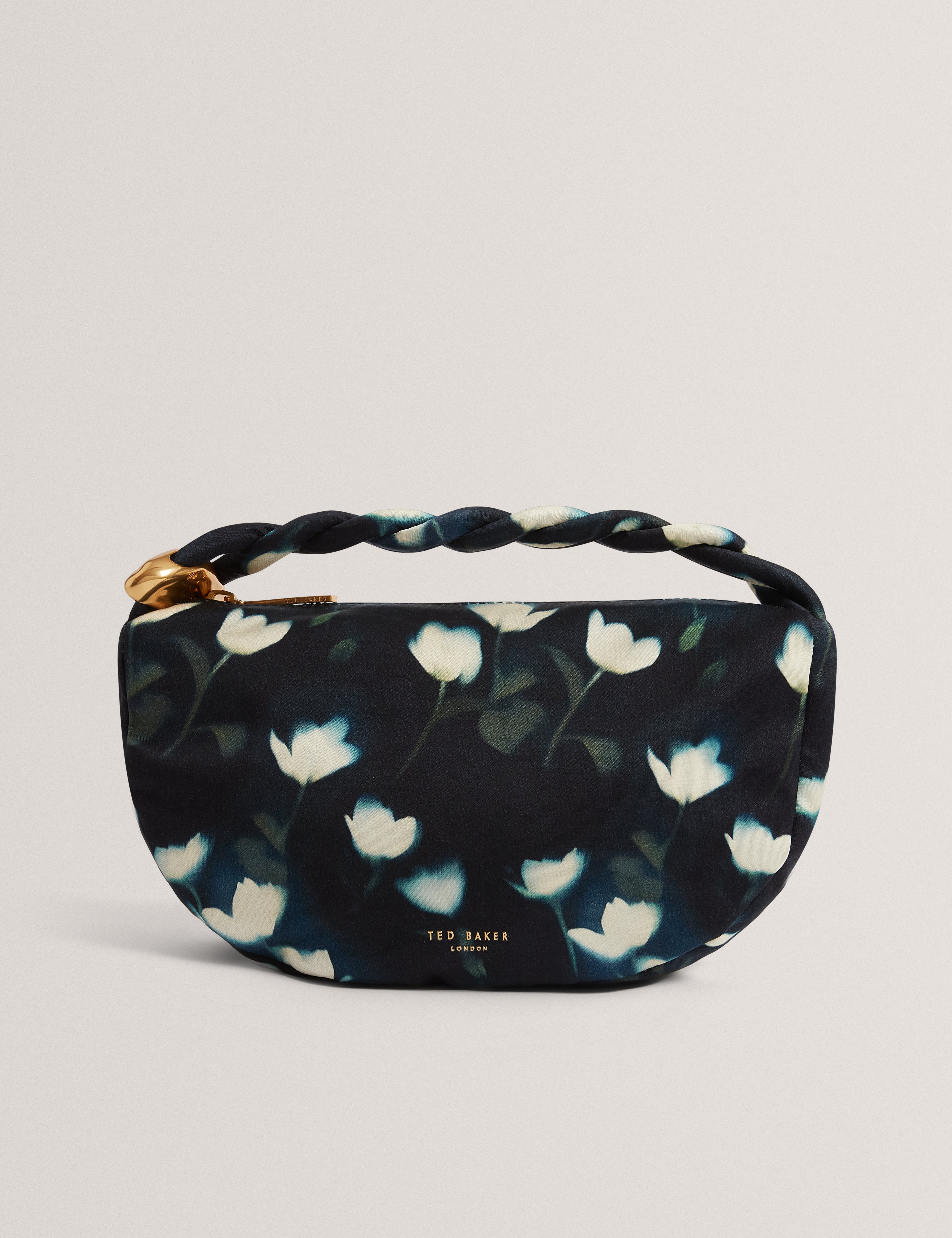 Isli Satin Statement Hardware Printed Hobo Bag Navy