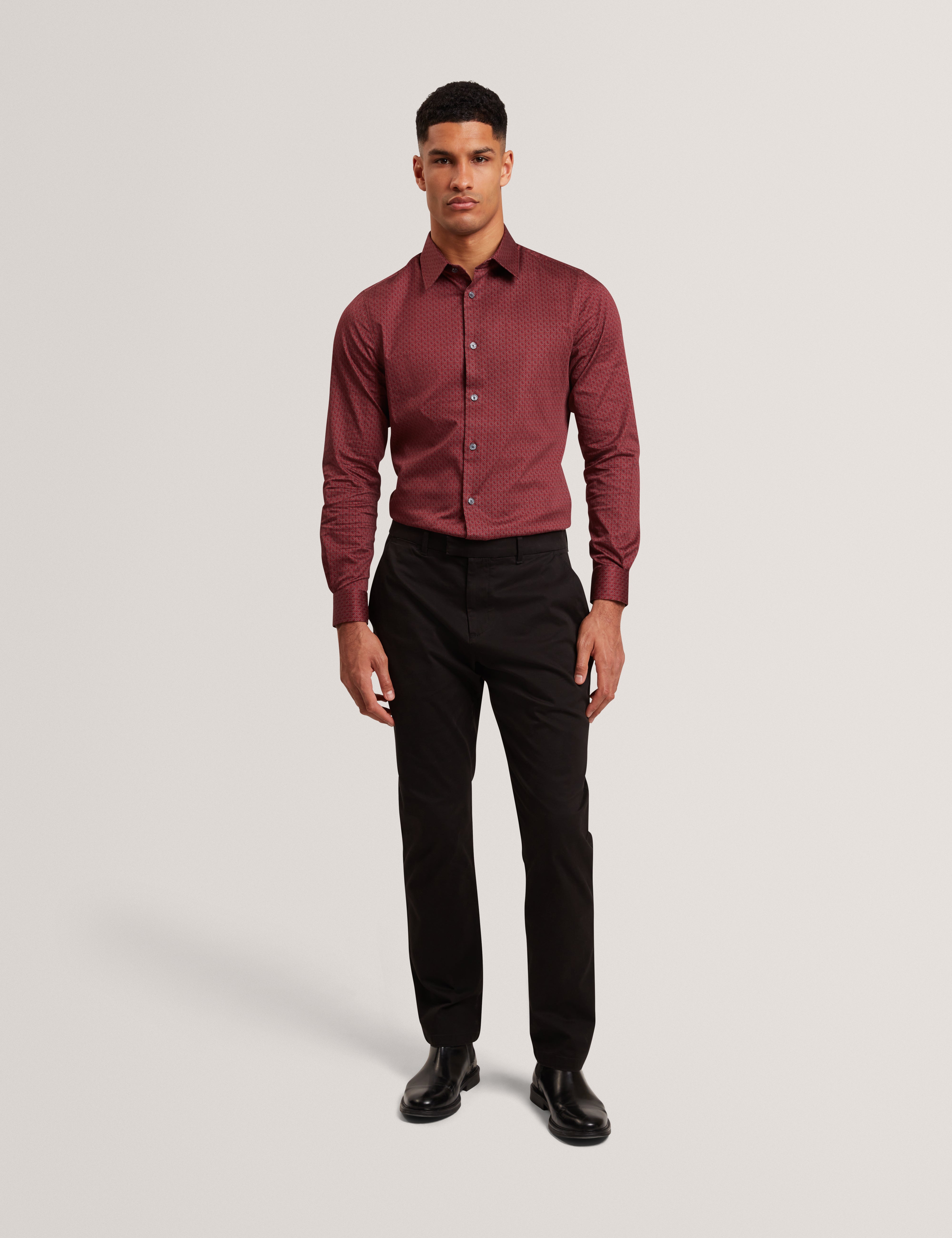 Caylaxe Long Sleeve Slim Fit Geo Print Shirt Dk-Red