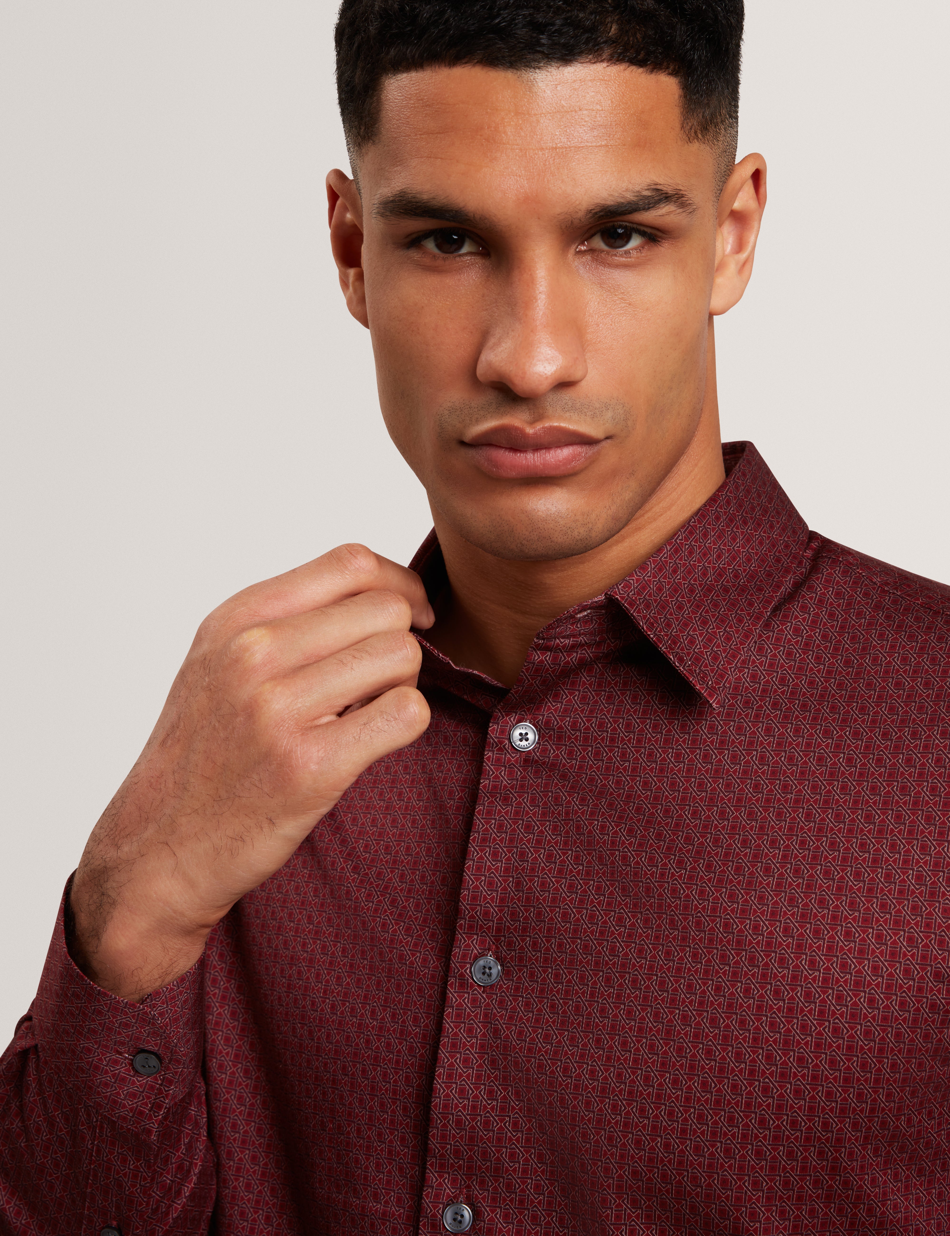 Caylaxe Long Sleeve Slim Fit Geo Print Shirt Dk-Red
