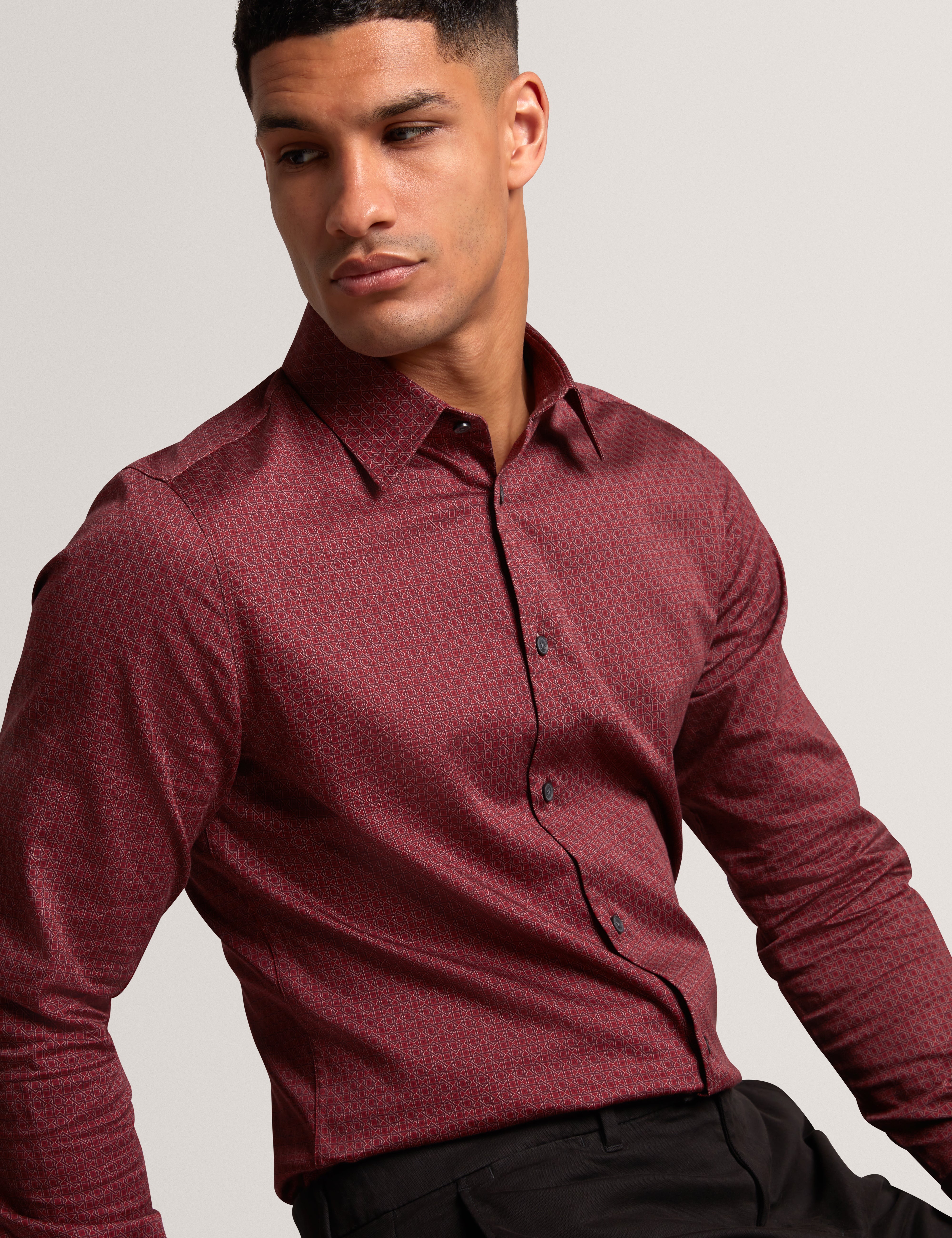 Caylaxe Long Sleeve Slim Fit Geo Print Shirt Dk-Red