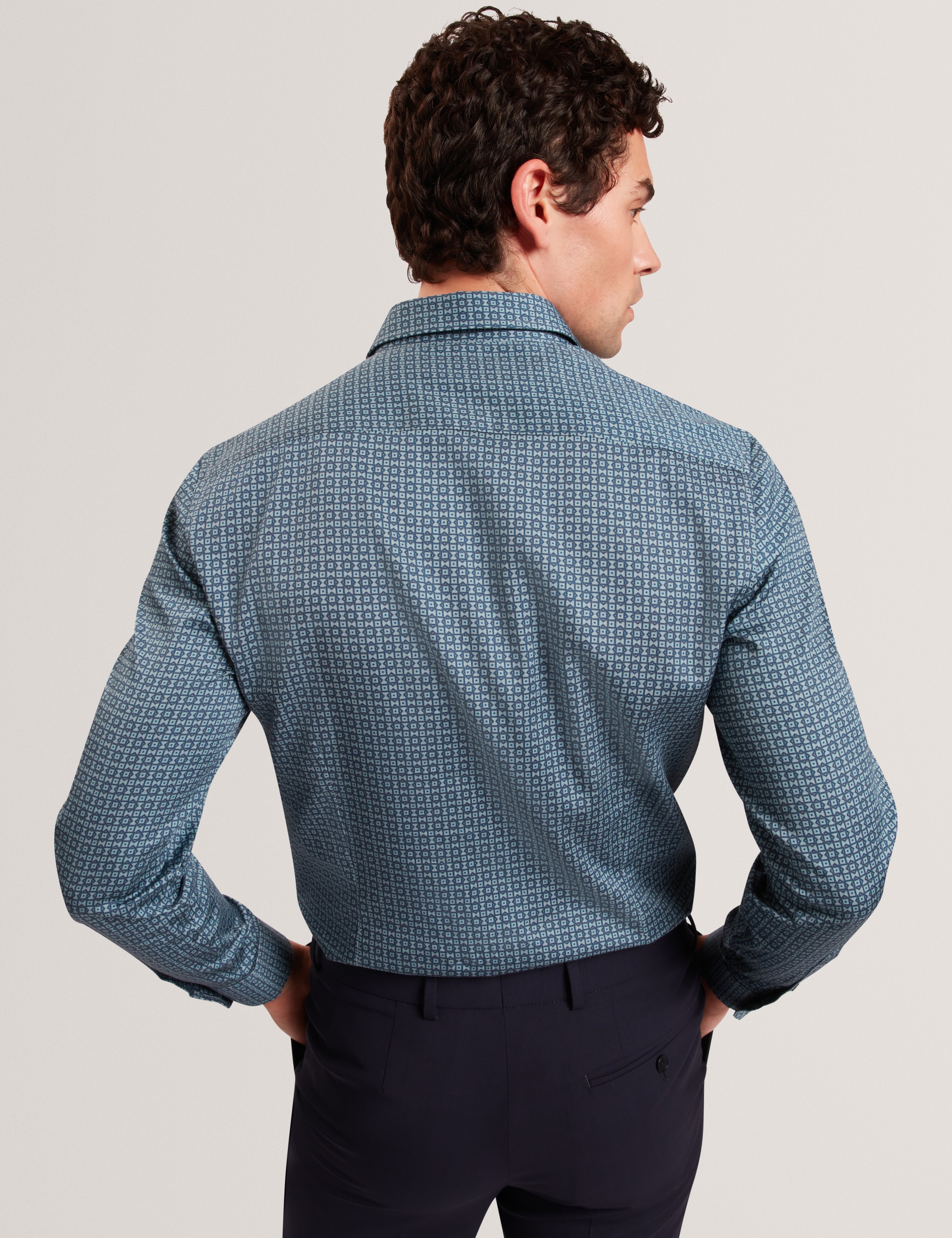 Caylaxe Long Sleeve Slim Fit Geo Print Shirt Navy