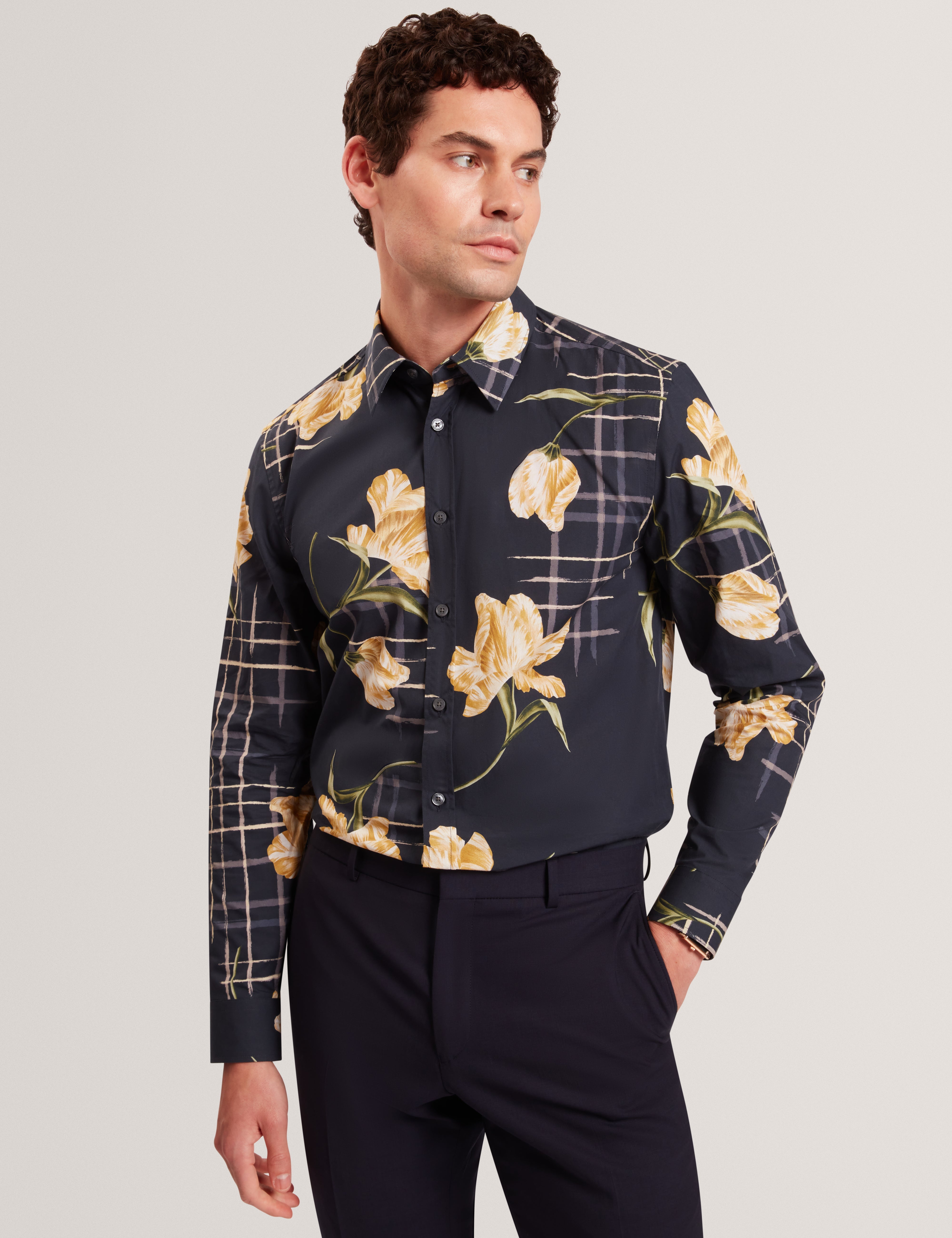Quorik Long Sleeve Regular Fit Abstract Floral Shirt Navy