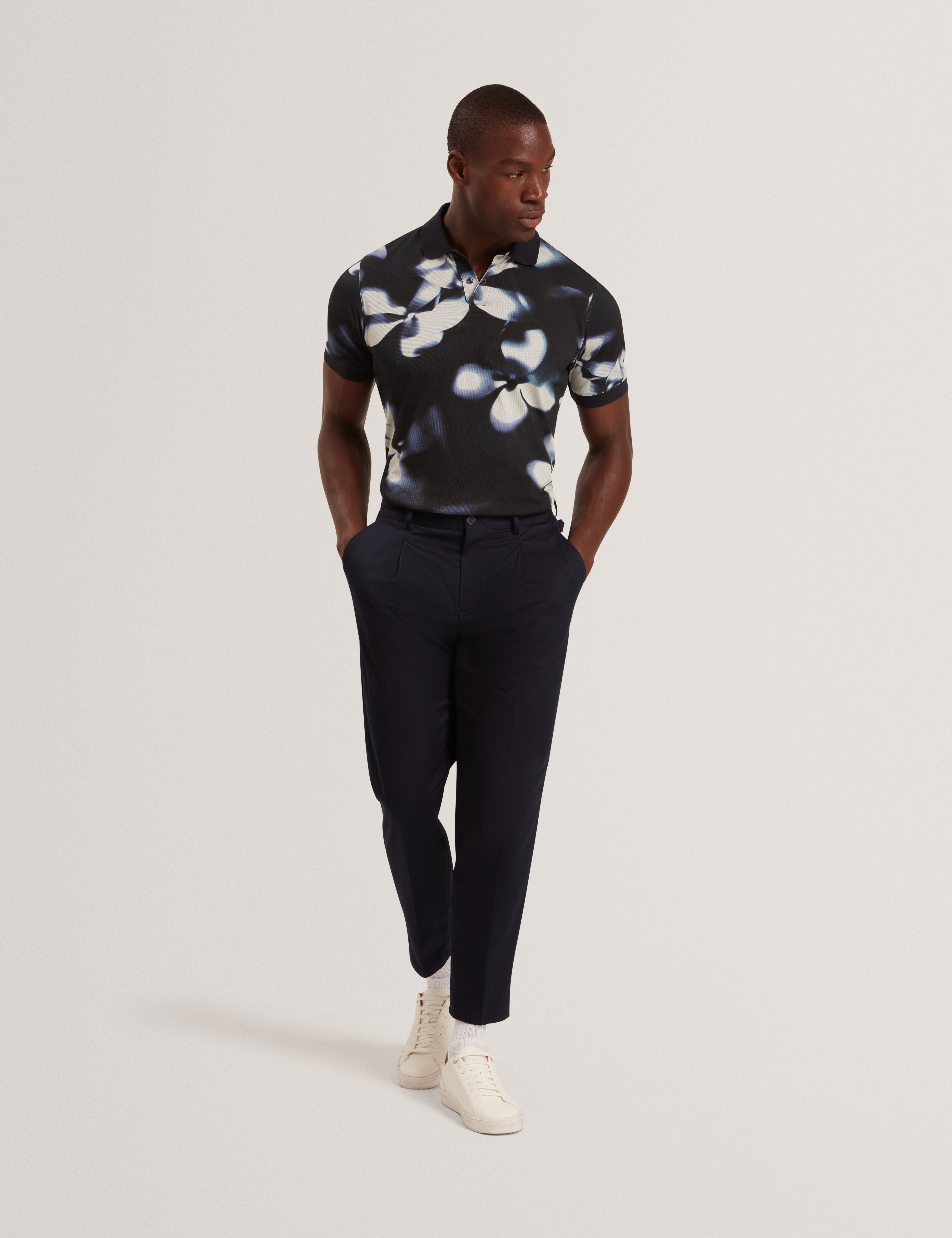 Longbri Short Sleeve Floral Print Polo Navy