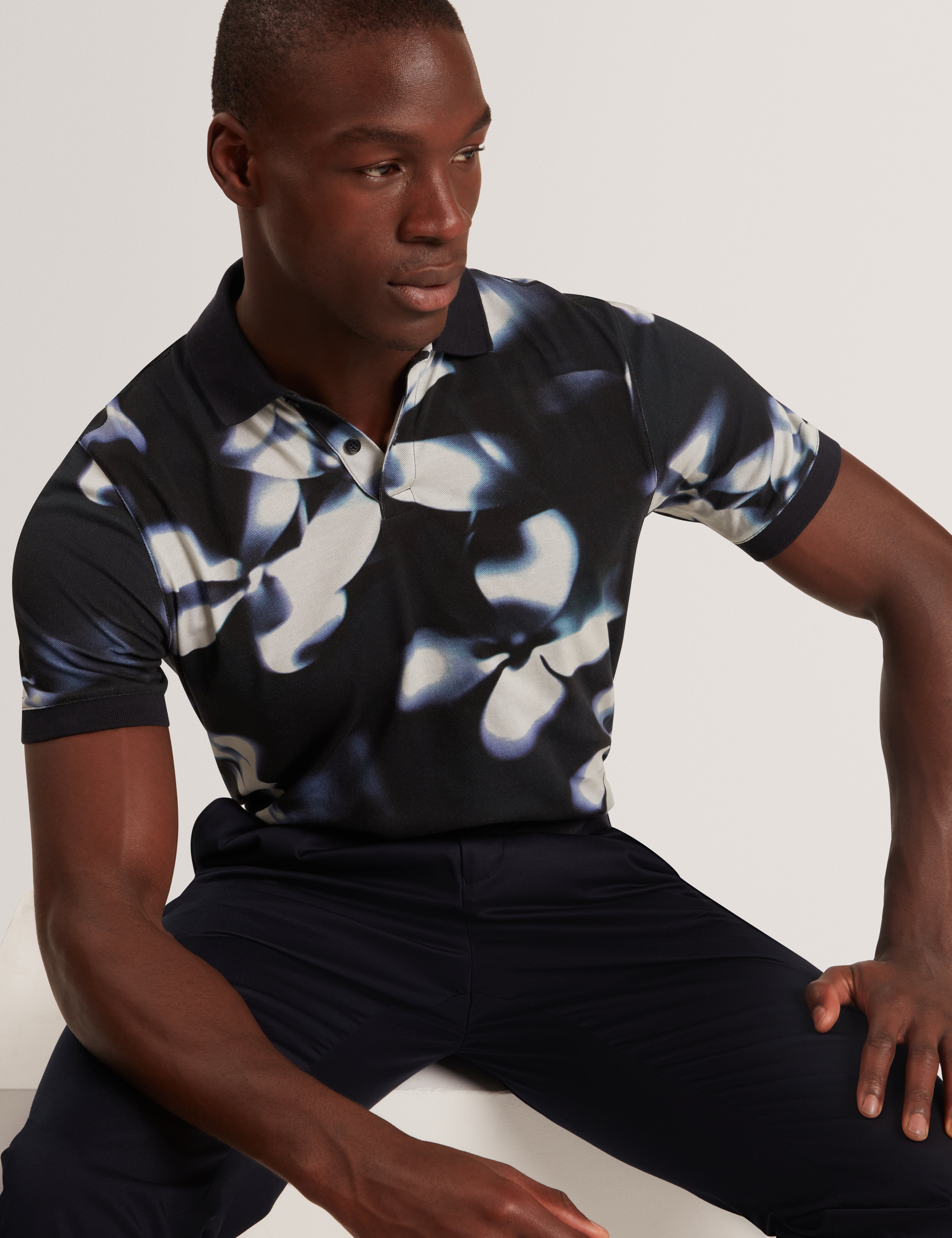 Longbri Short Sleeve Floral Print Polo Navy