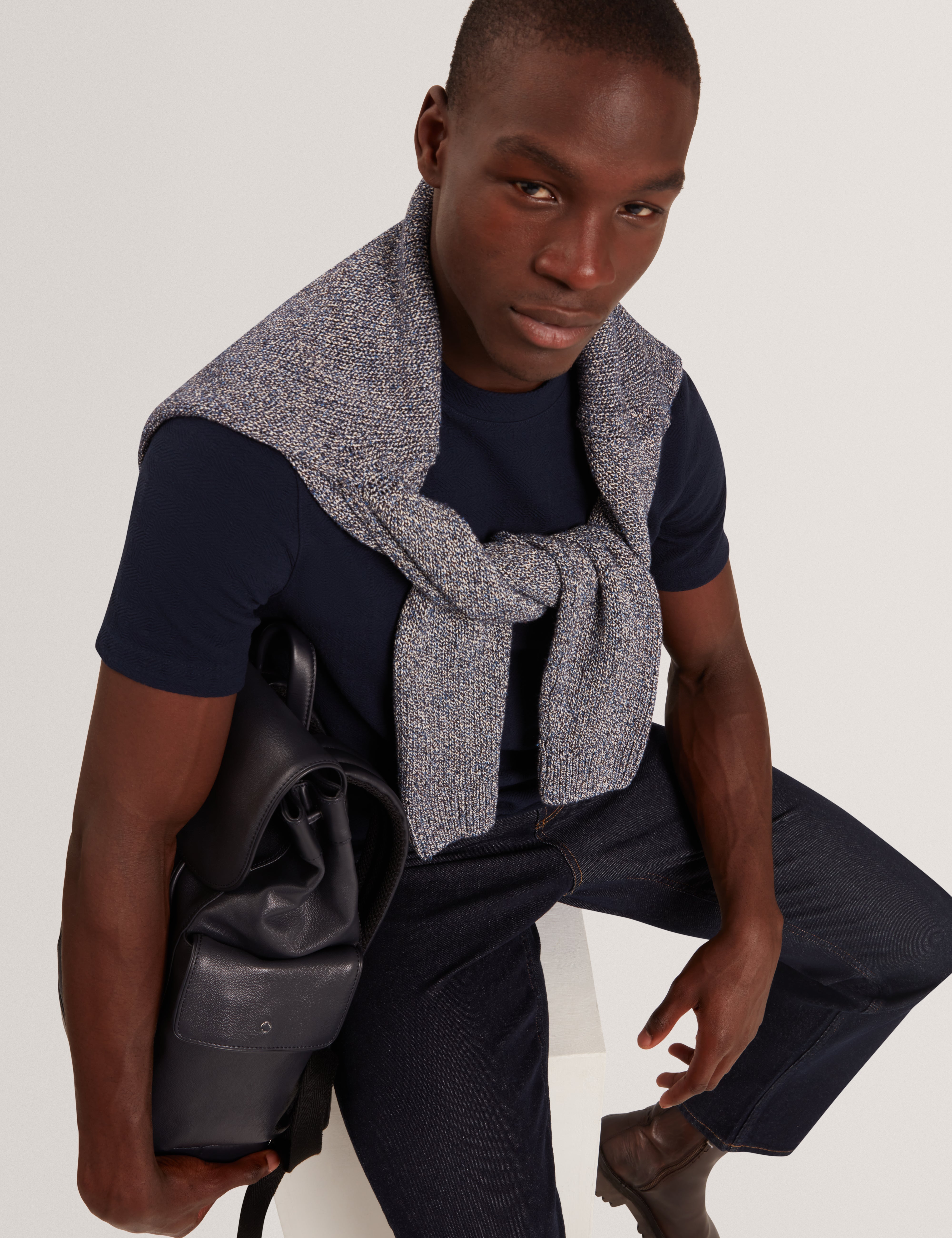 Marcen Short Sleeve Square Stitch T Shirt Navy