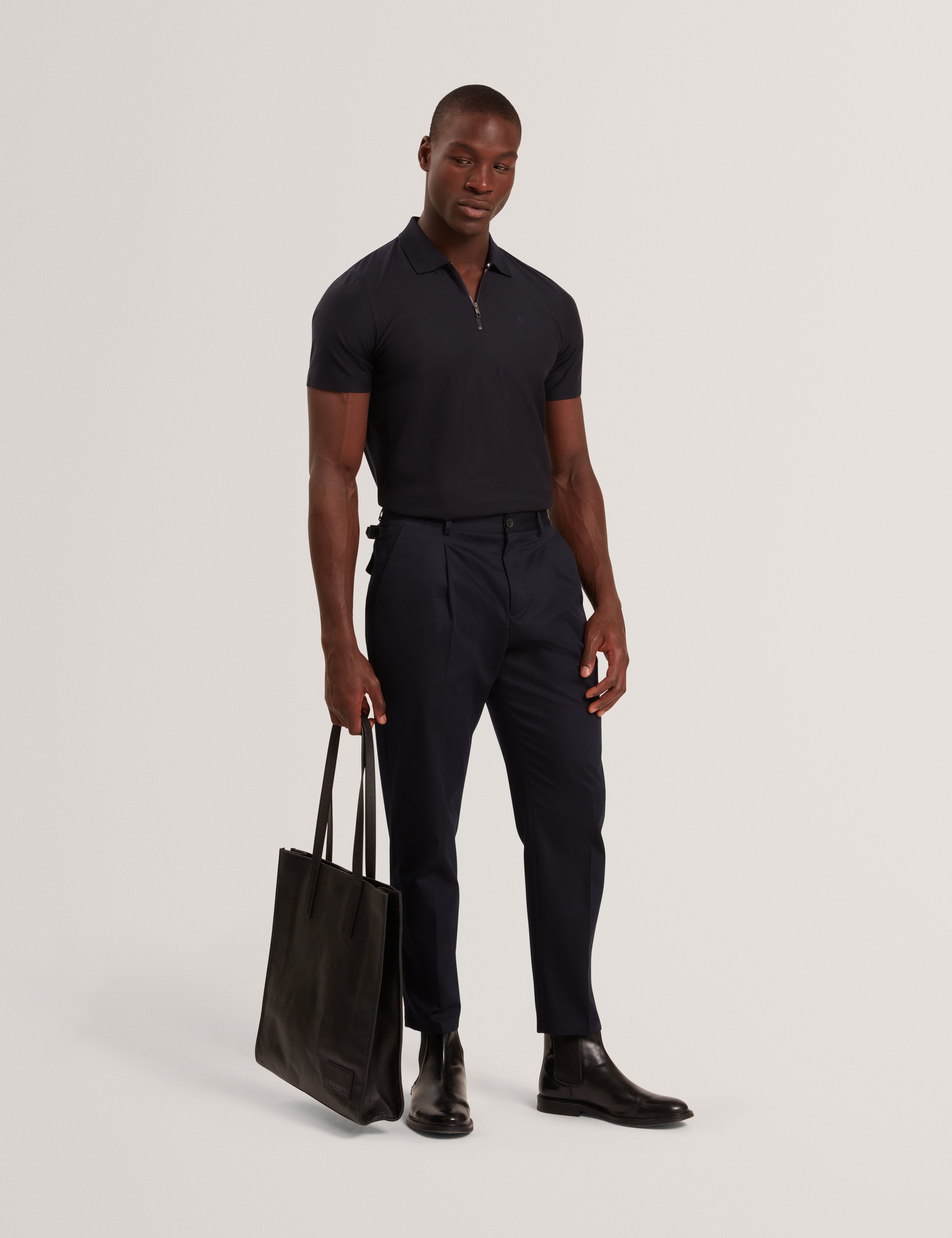 Zorin Short Sleeve Herringbone Panel Zip Polo Navy