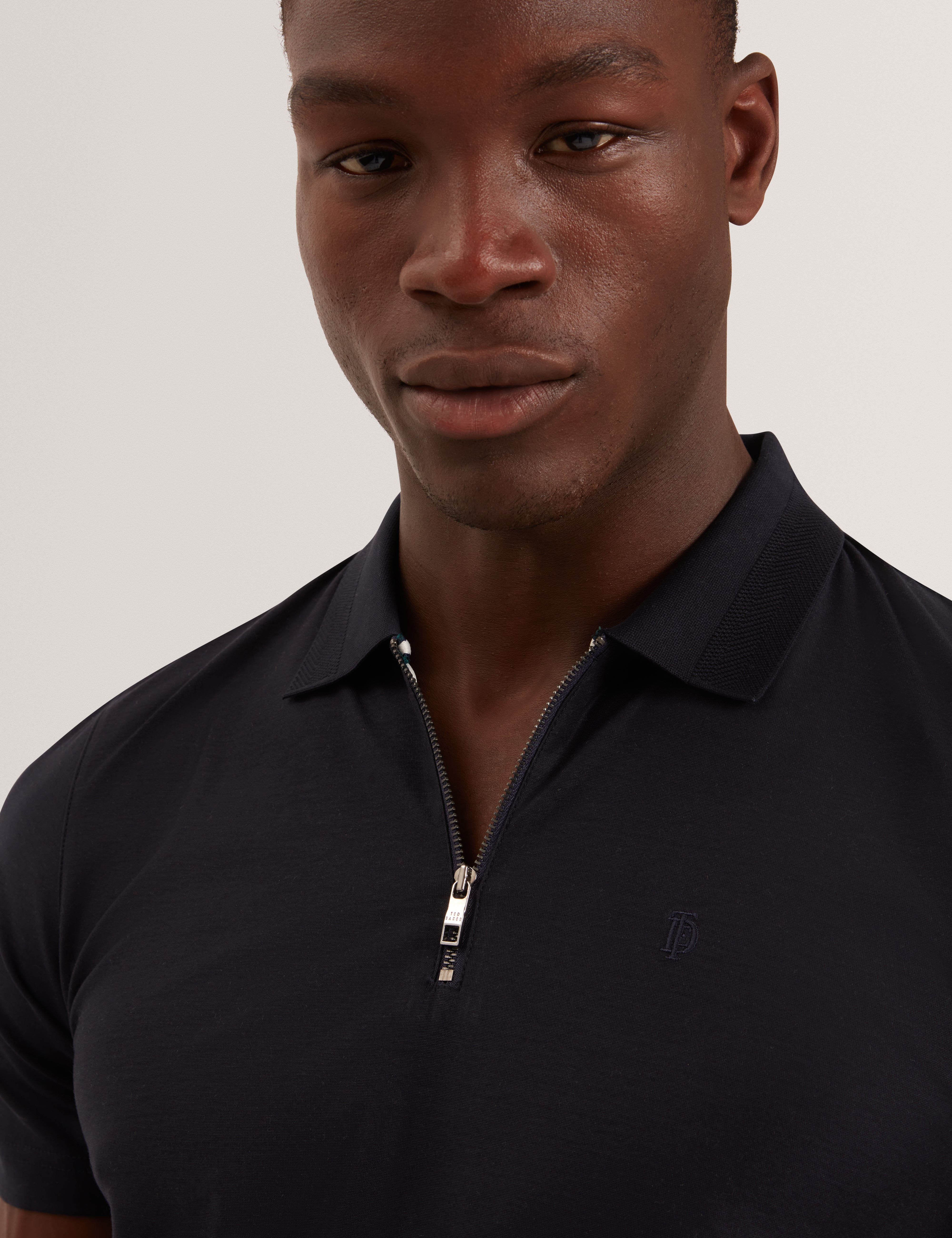 Zorin Short Sleeve Herringbone Panel Zip Polo Navy