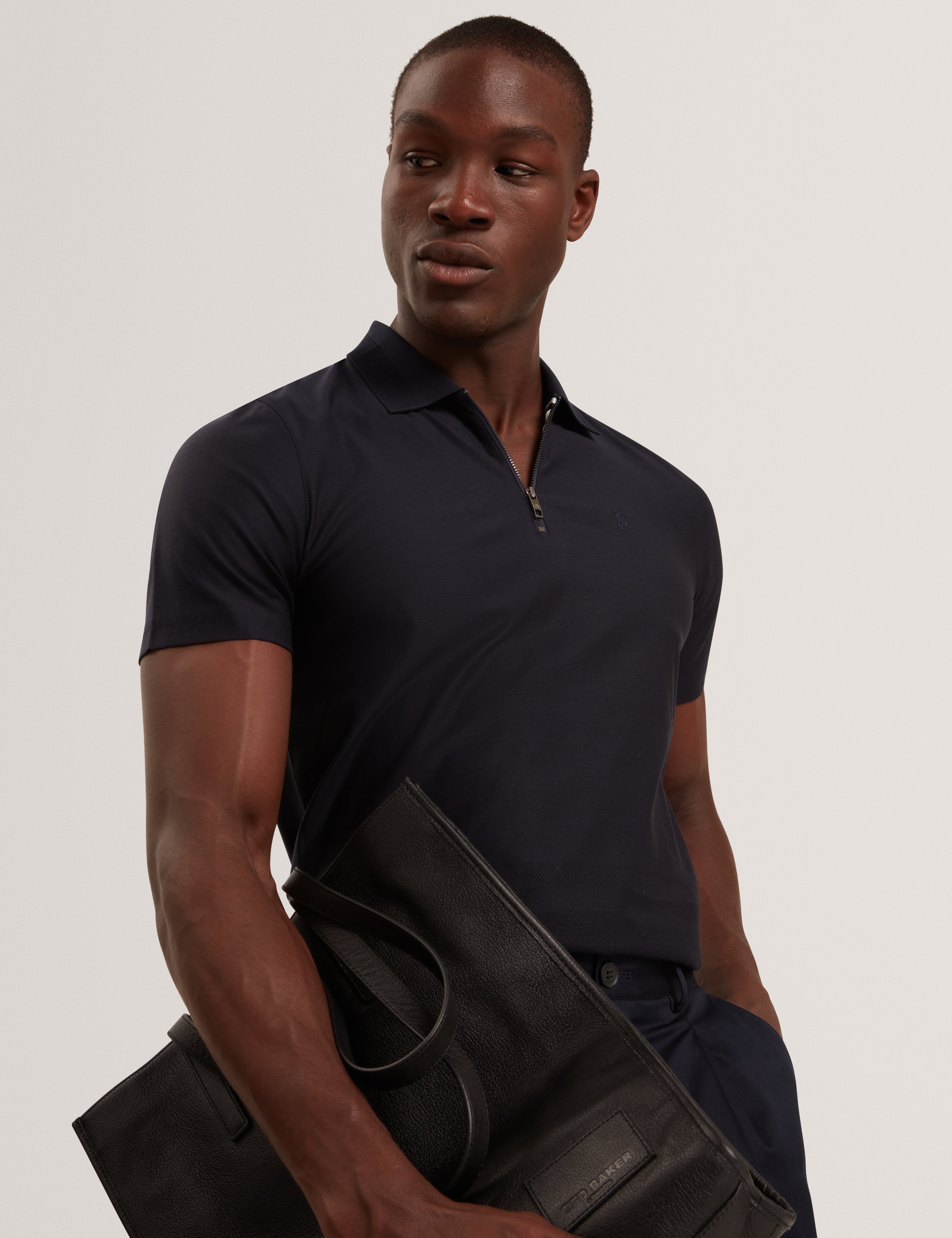 Zorin Short Sleeve Herringbone Panel Zip Polo Navy