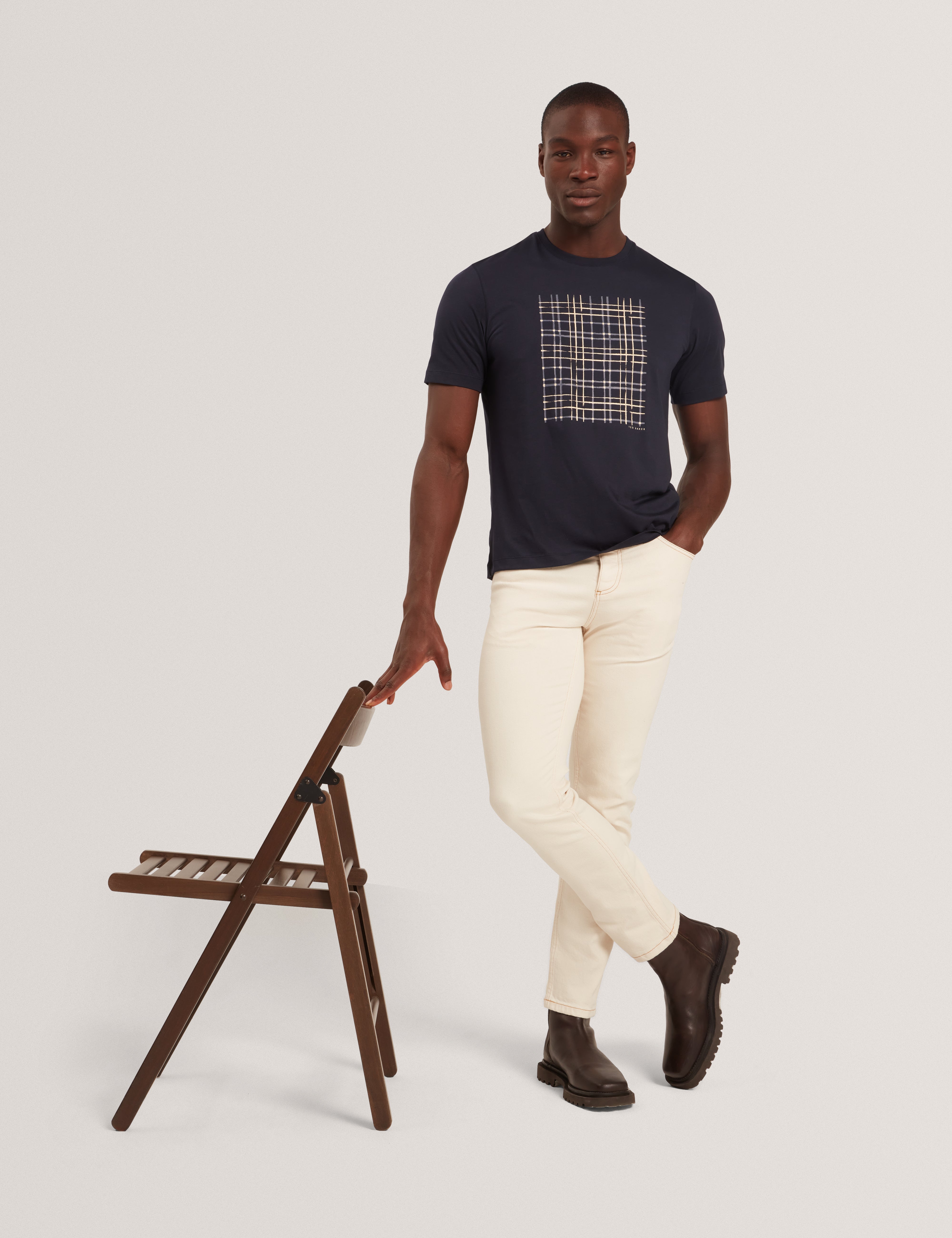 Sionan Short Sleeve Box Print T-Shirt Navy