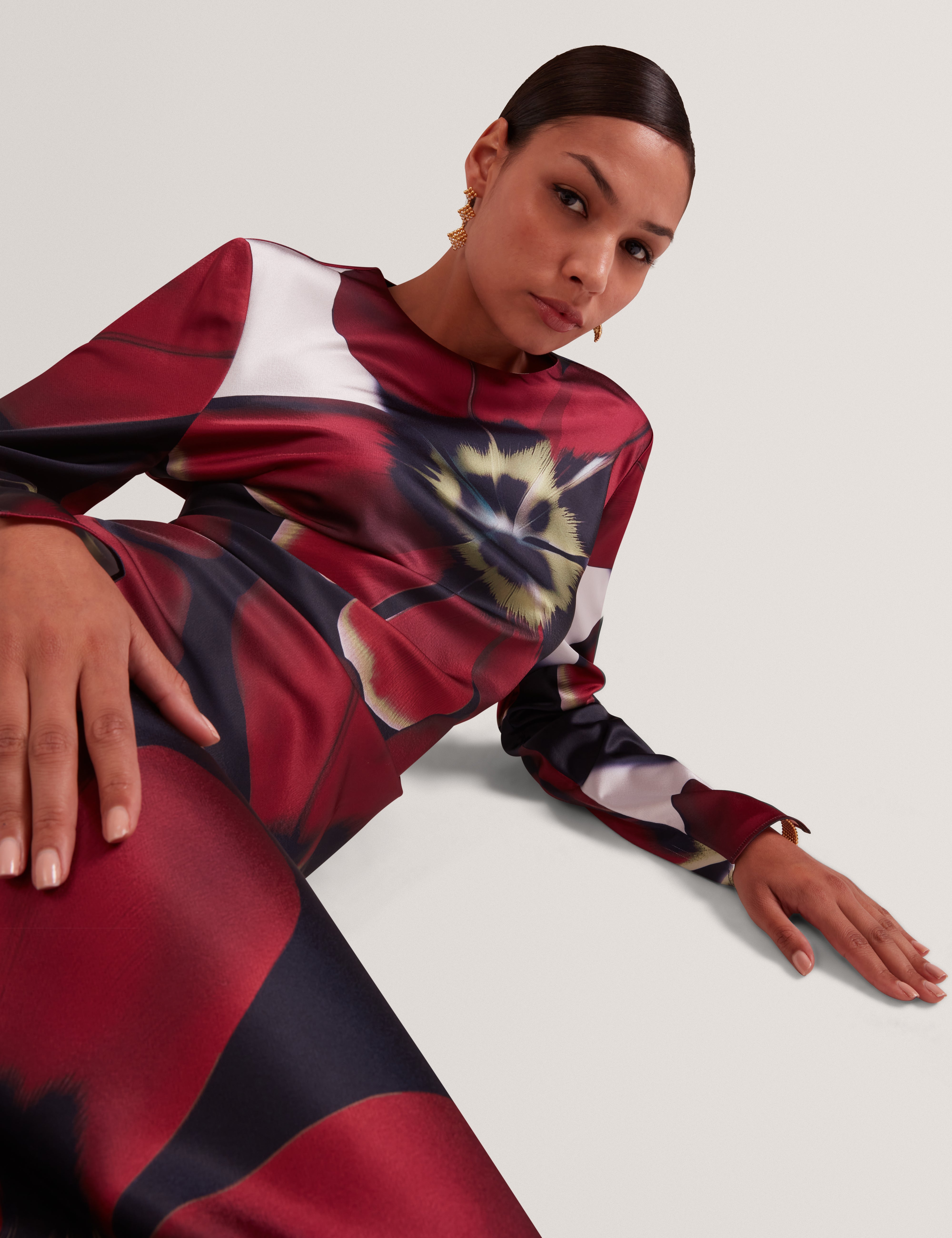 Neerah Printed Long Sleeve Midi Dress Navy