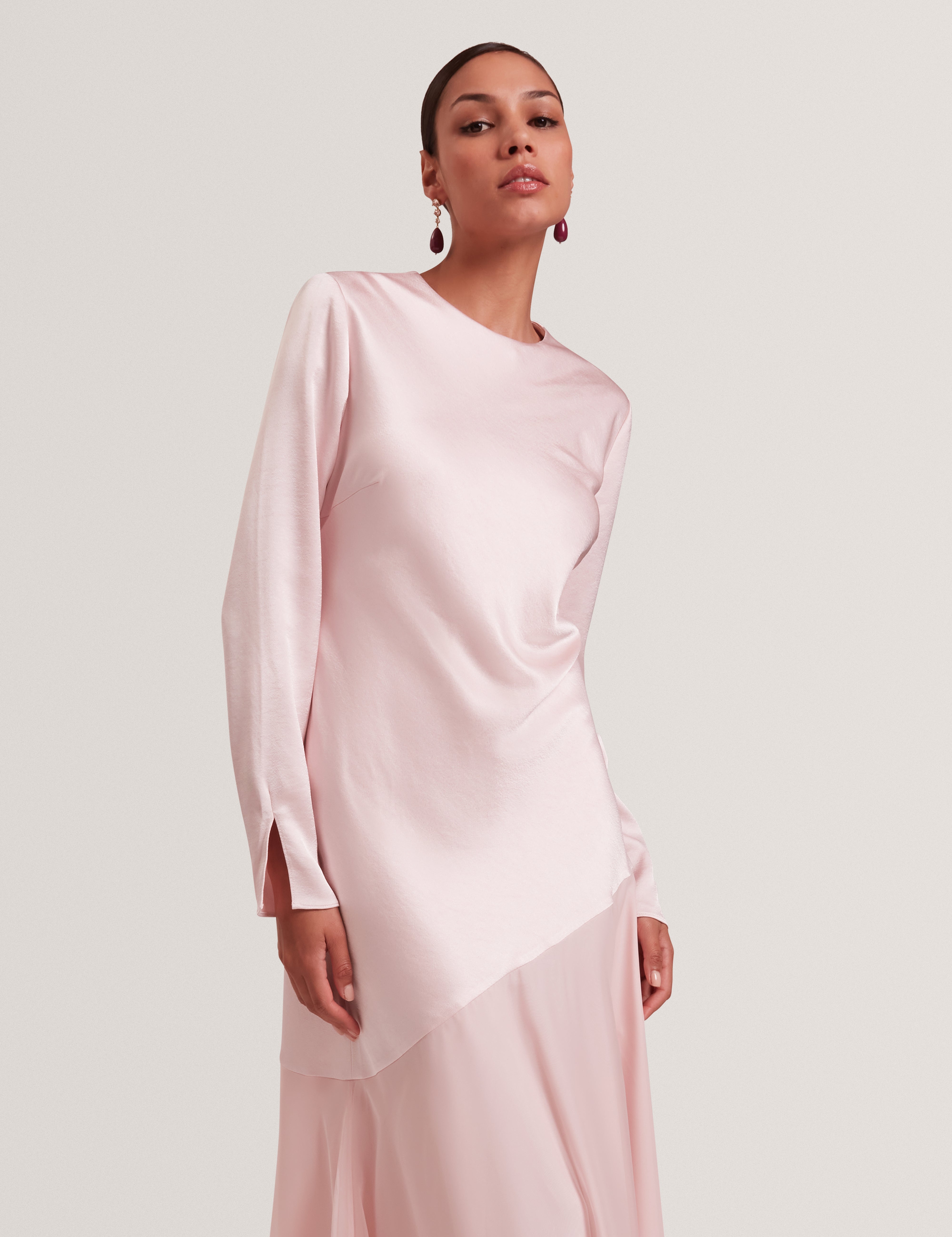 Shkye Long Sleeve Diagonal Waist Seam Maxi Dre Pink