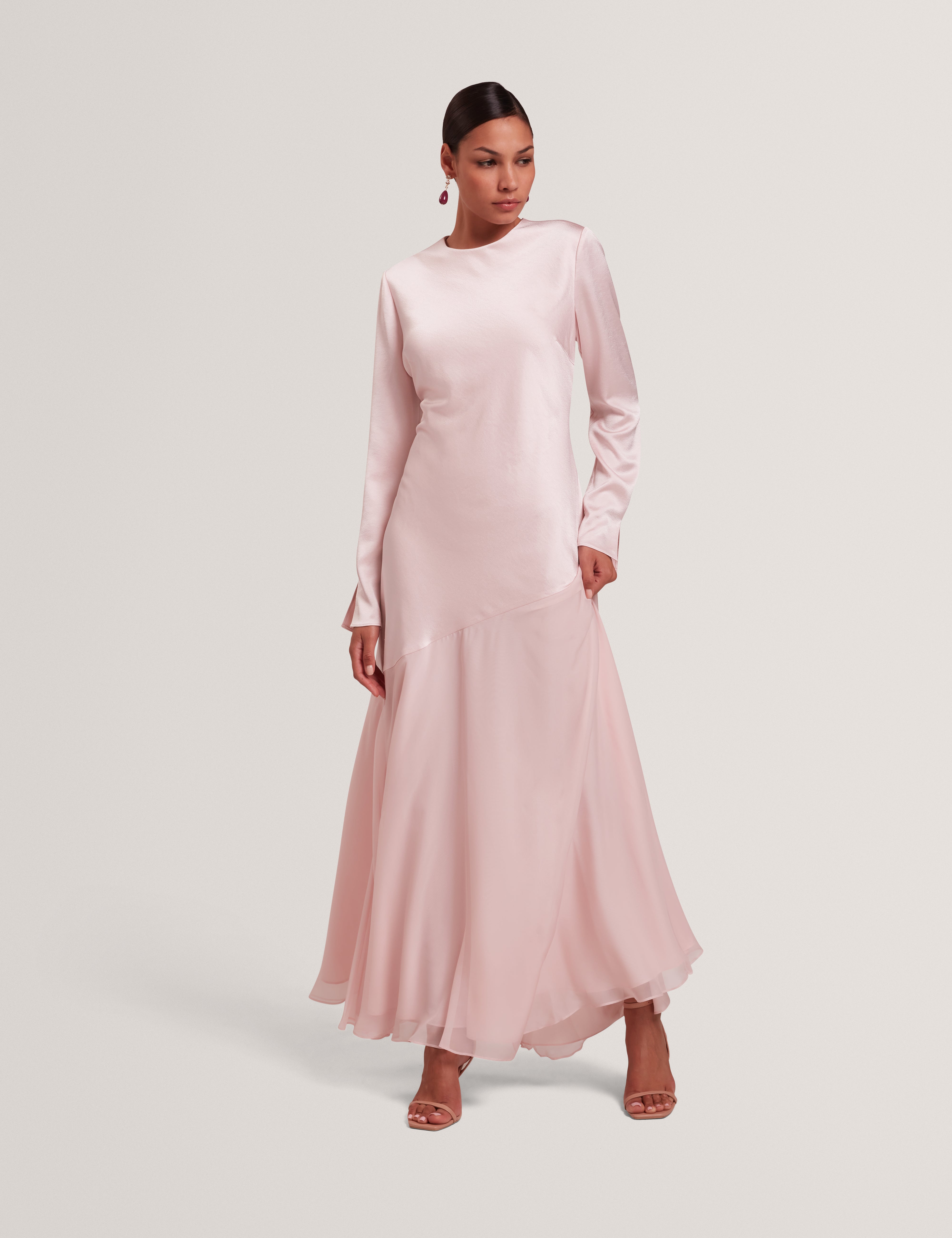 Shkye Long Sleeve Diagonal Waist Seam Maxi Dre Pink