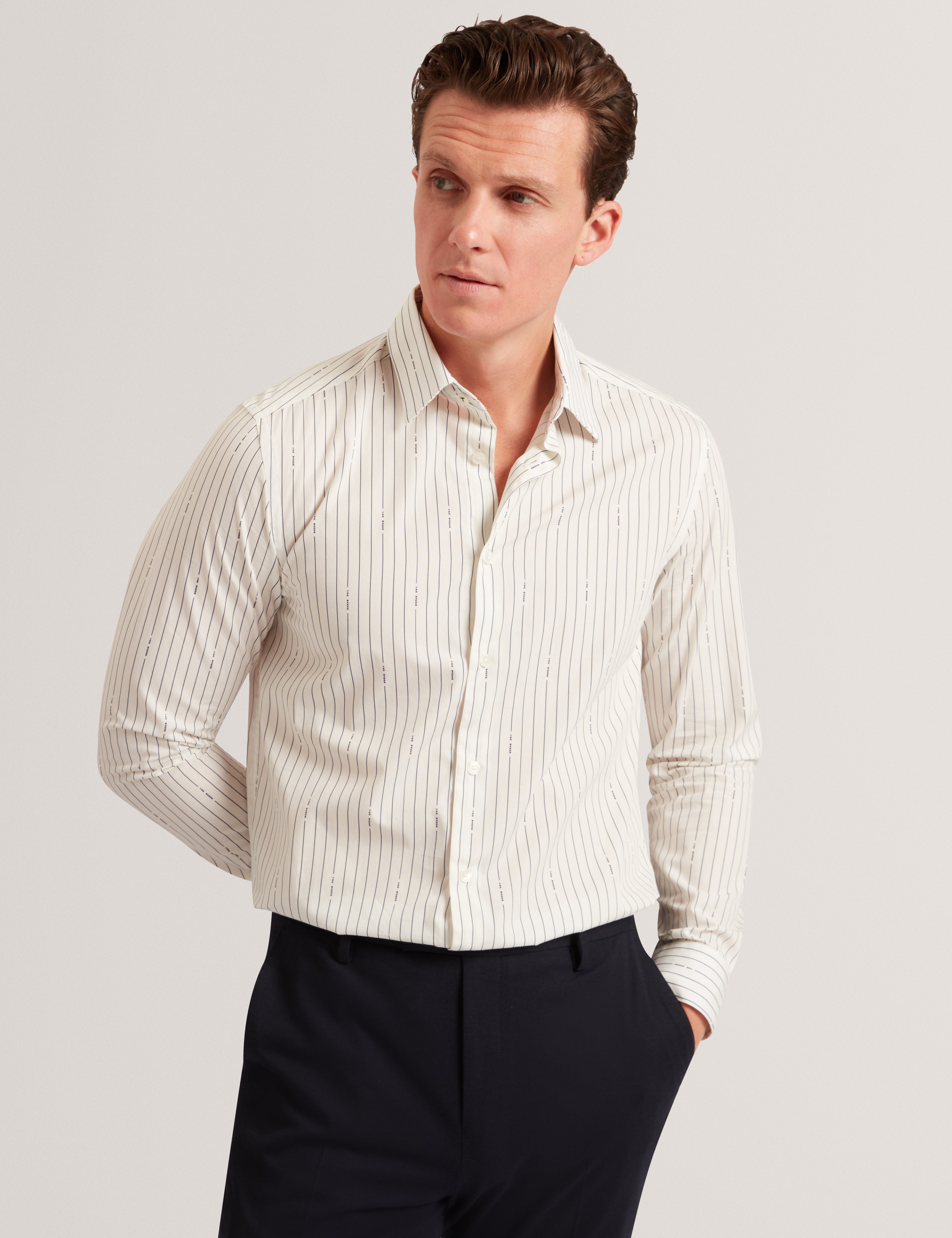 Hangent Ls Regular Fit Branded Stripe Print Shir Ecru