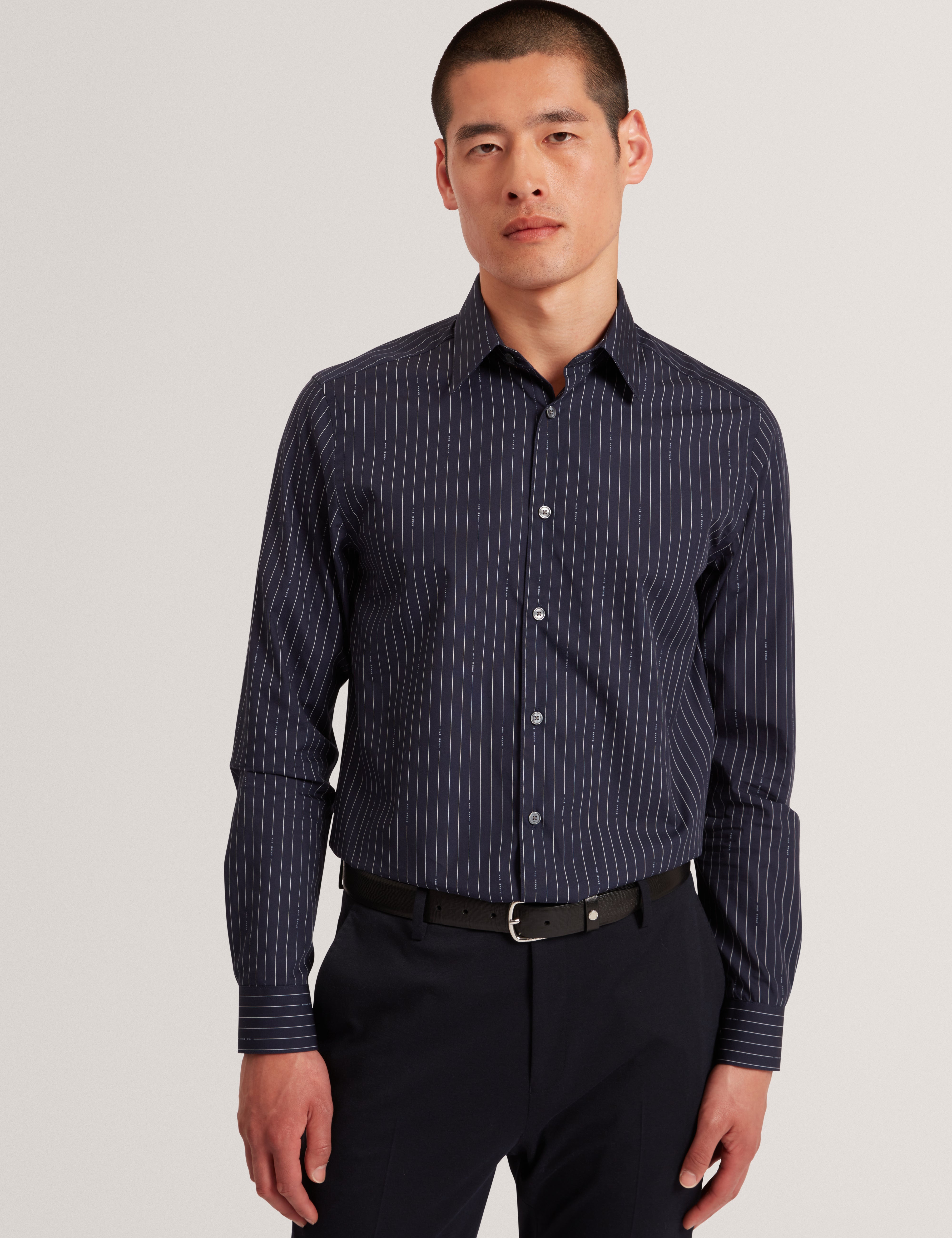 Hangent Ls Regular Fit Branded Stripe Print Shir Navy