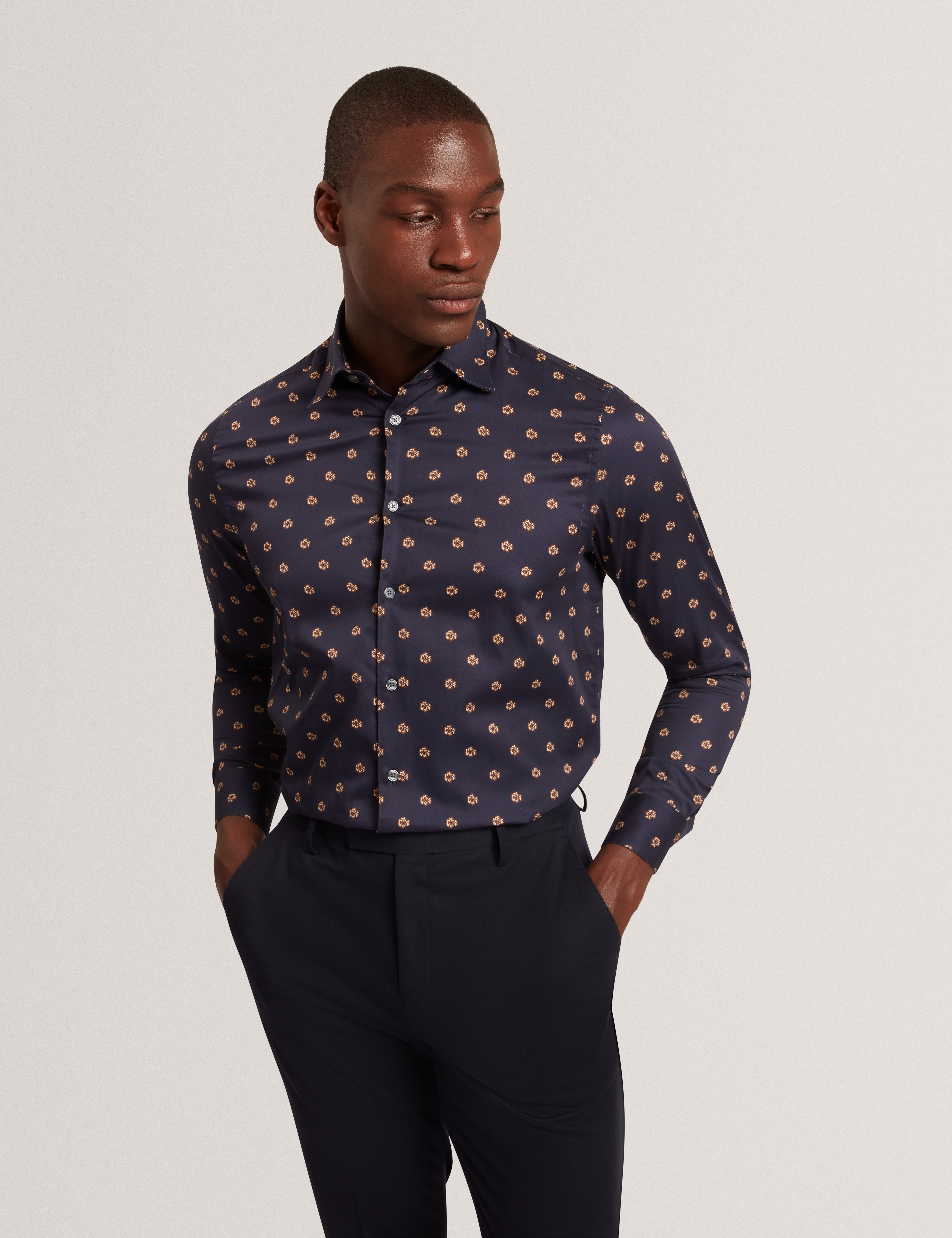 Olufar Long Sleeve Slim Fit Ditsy Floral Shirt Navy