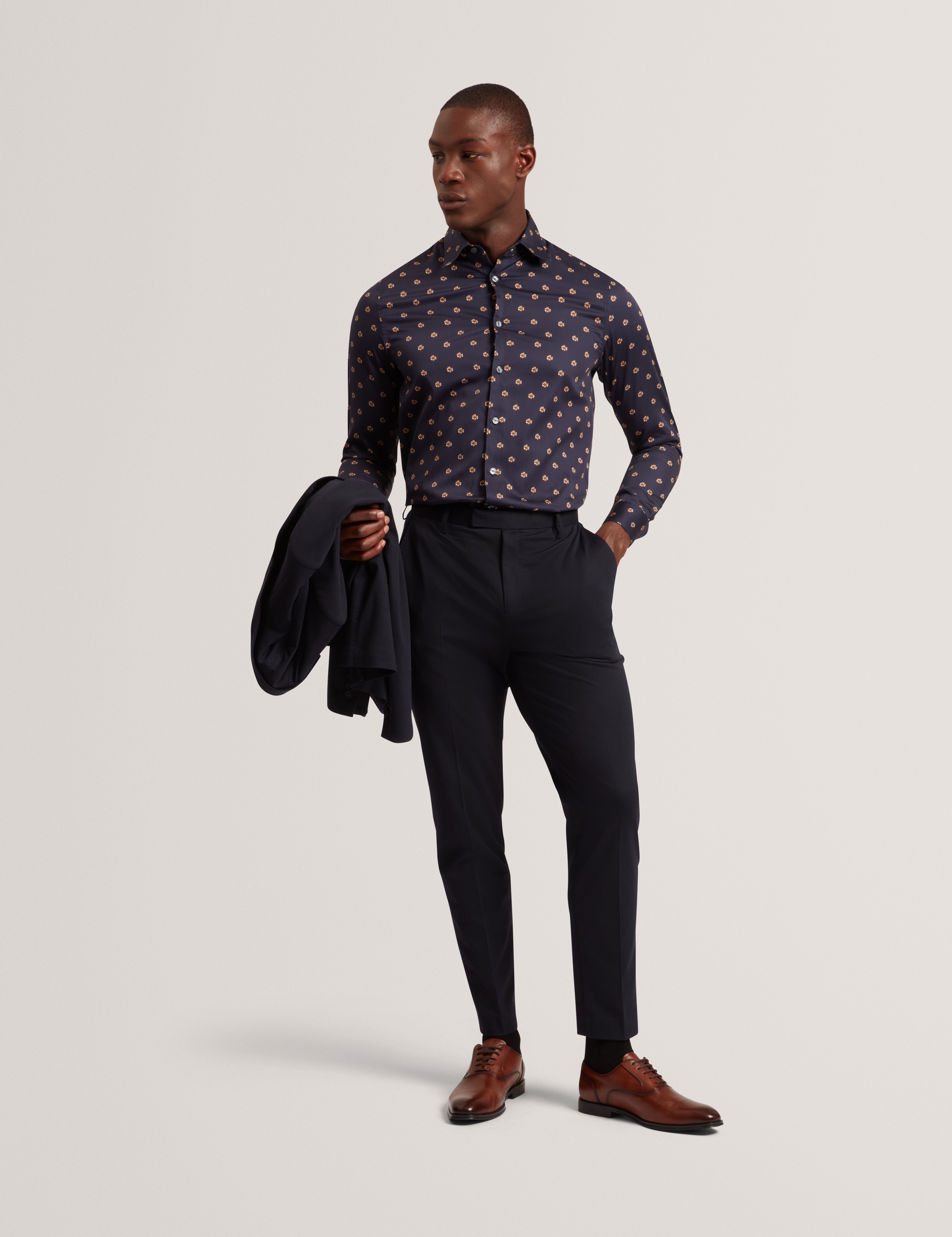 Olufar Long Sleeve Slim Fit Ditsy Floral Shirt Navy