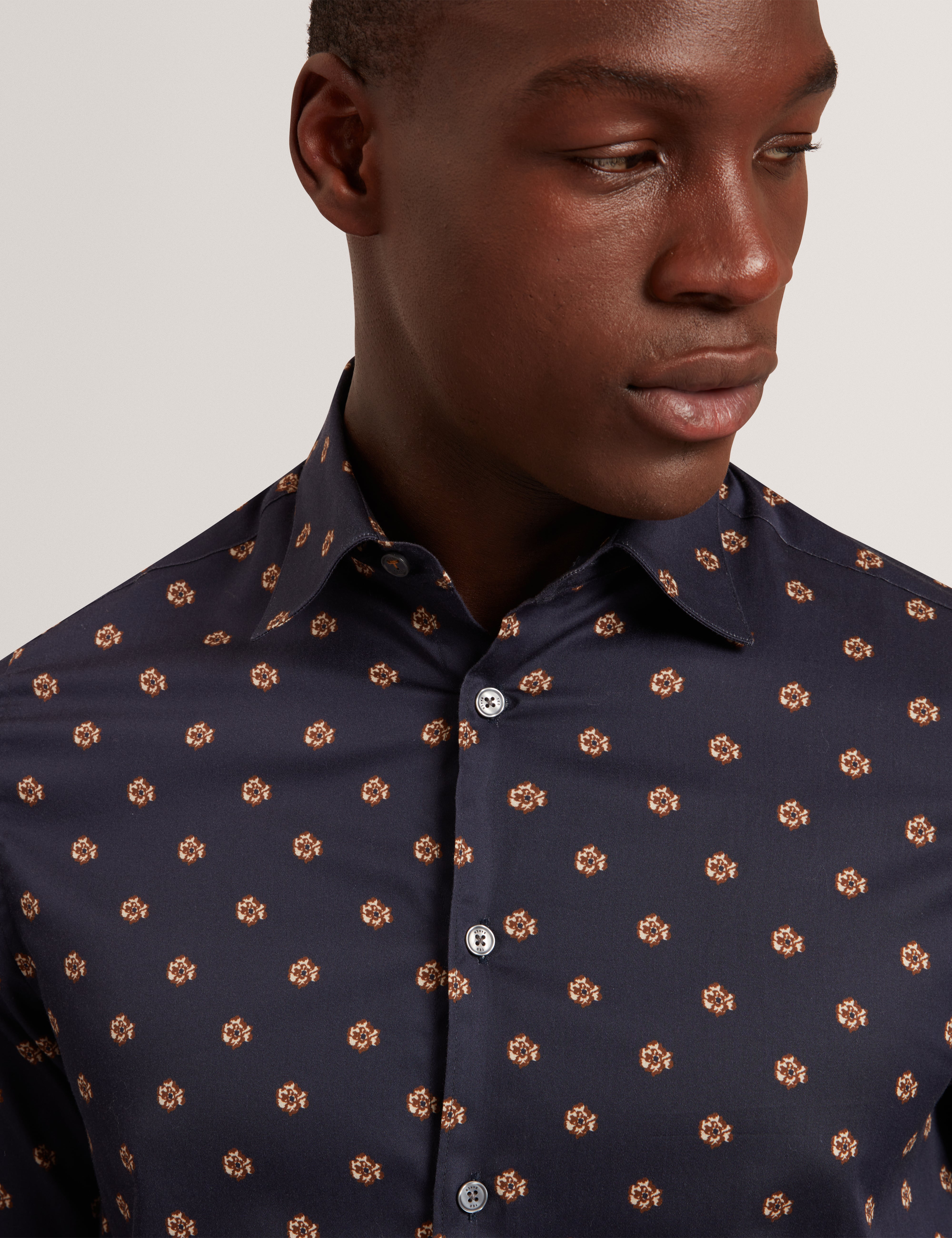 Olufar Long Sleeve Slim Fit Ditsy Floral Shirt Navy