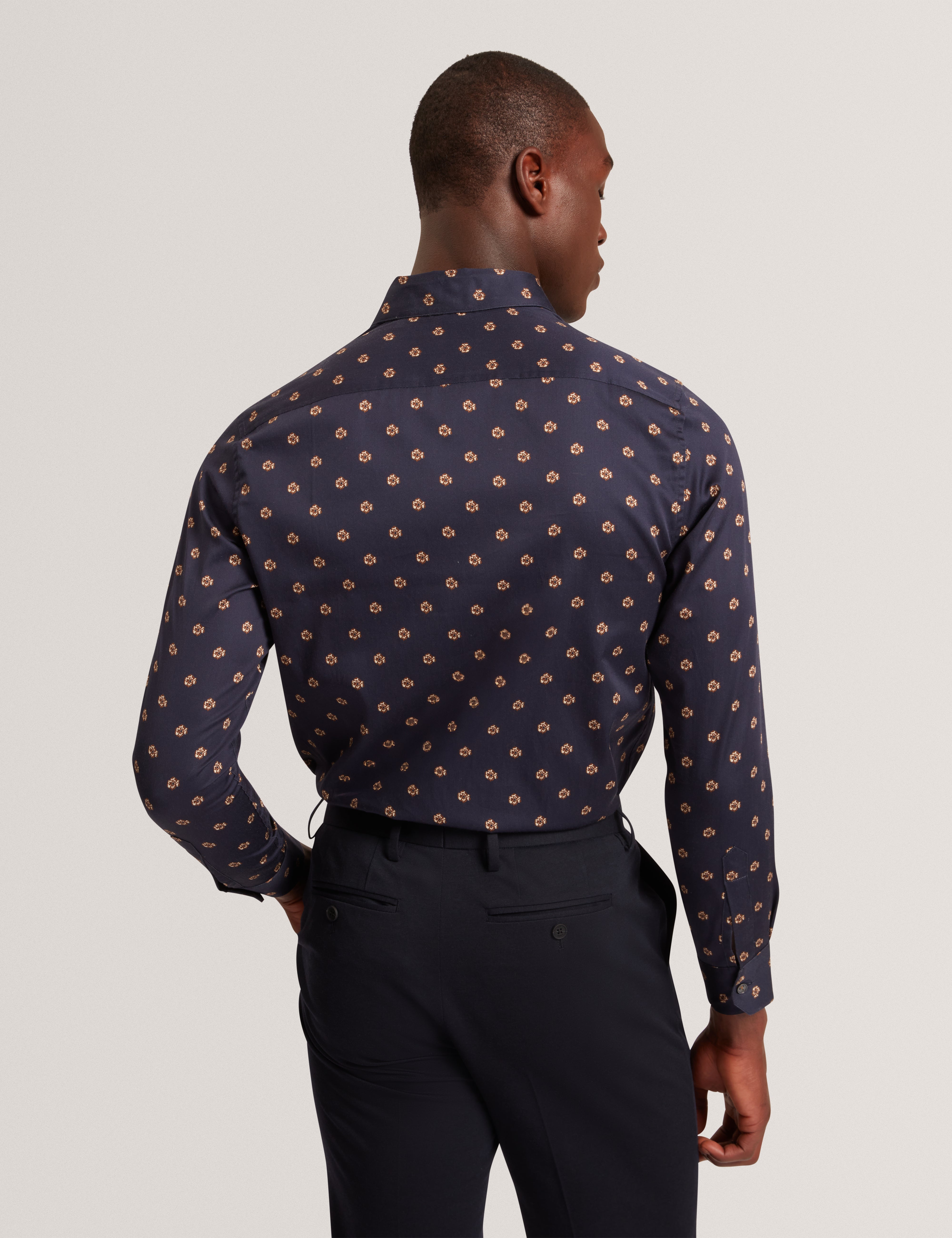 Olufar Long Sleeve Slim Fit Ditsy Floral Shirt Navy