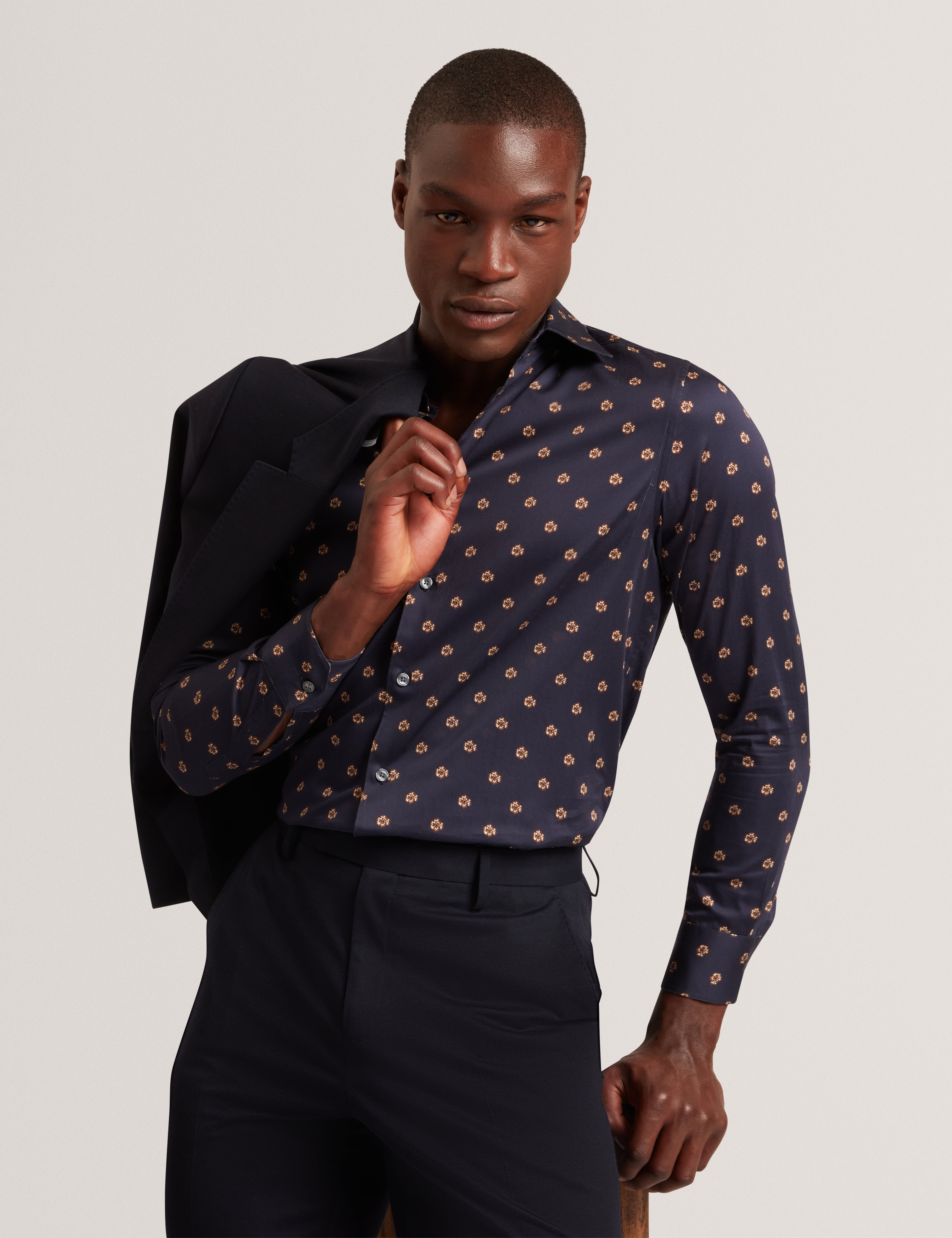 Olufar Long Sleeve Slim Fit Ditsy Floral Shirt Navy
