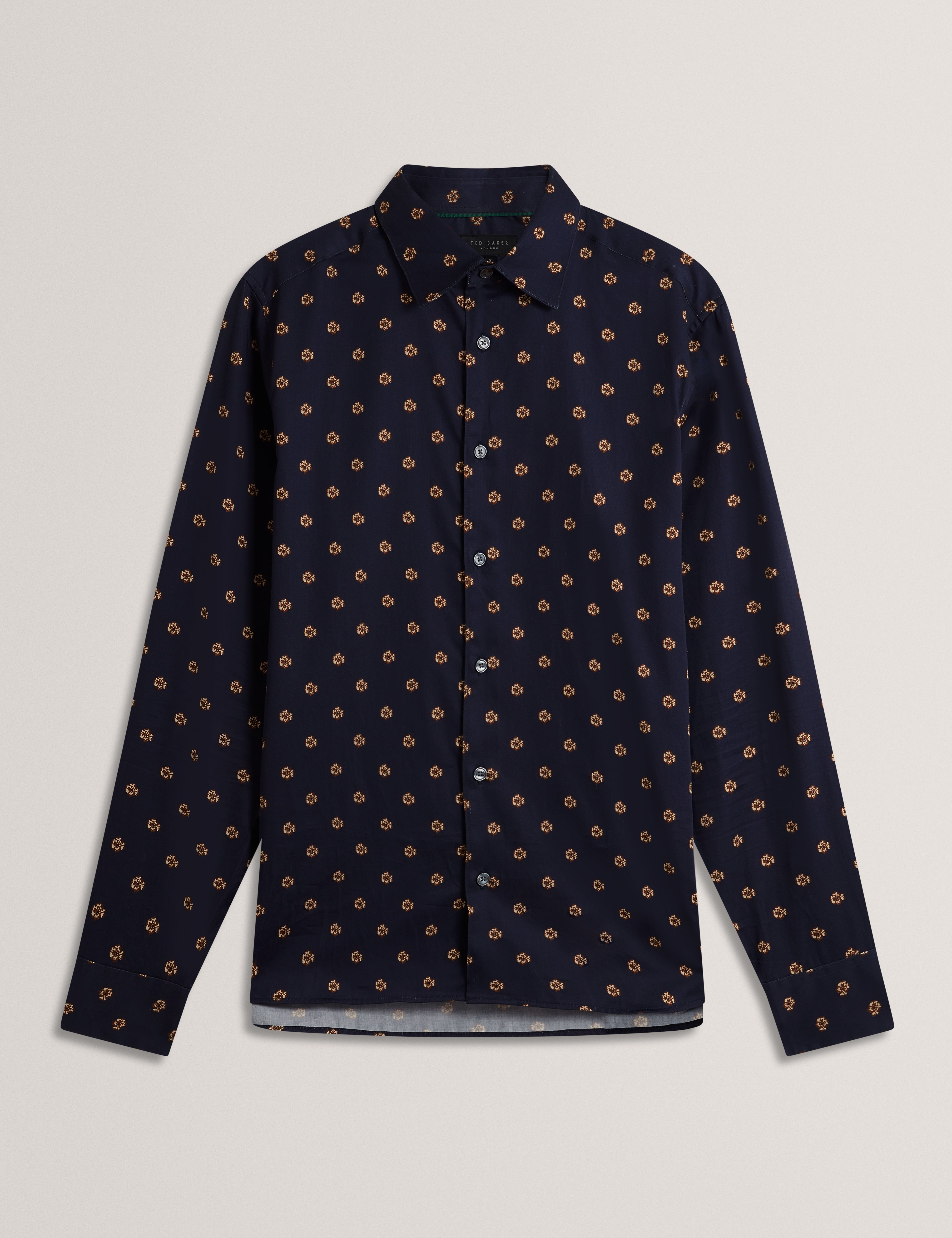 Olufar Long Sleeve Slim Fit Ditsy Floral Shirt Navy