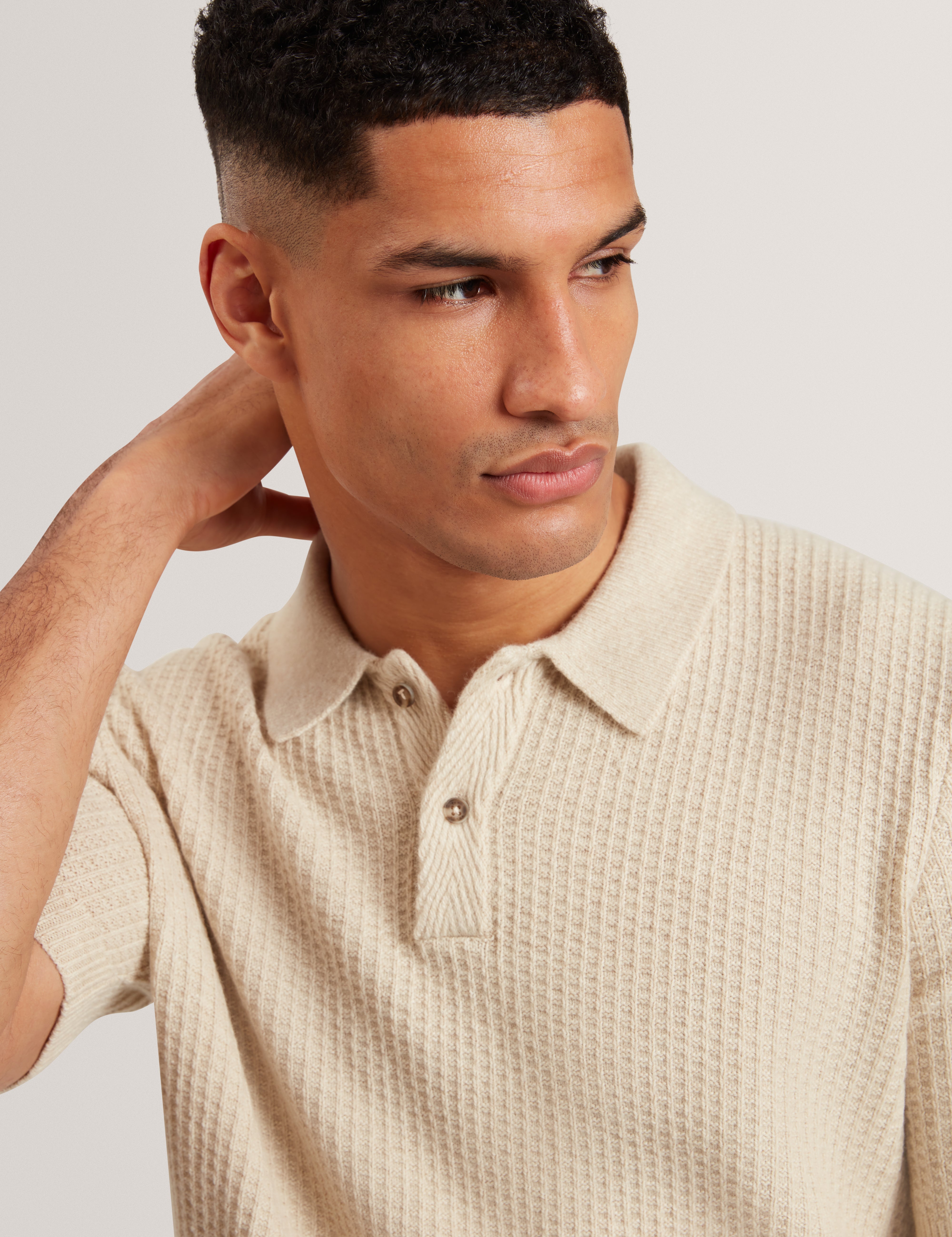 Caelum Short Sleeve Herringbone Placement Stitch Polo Natural