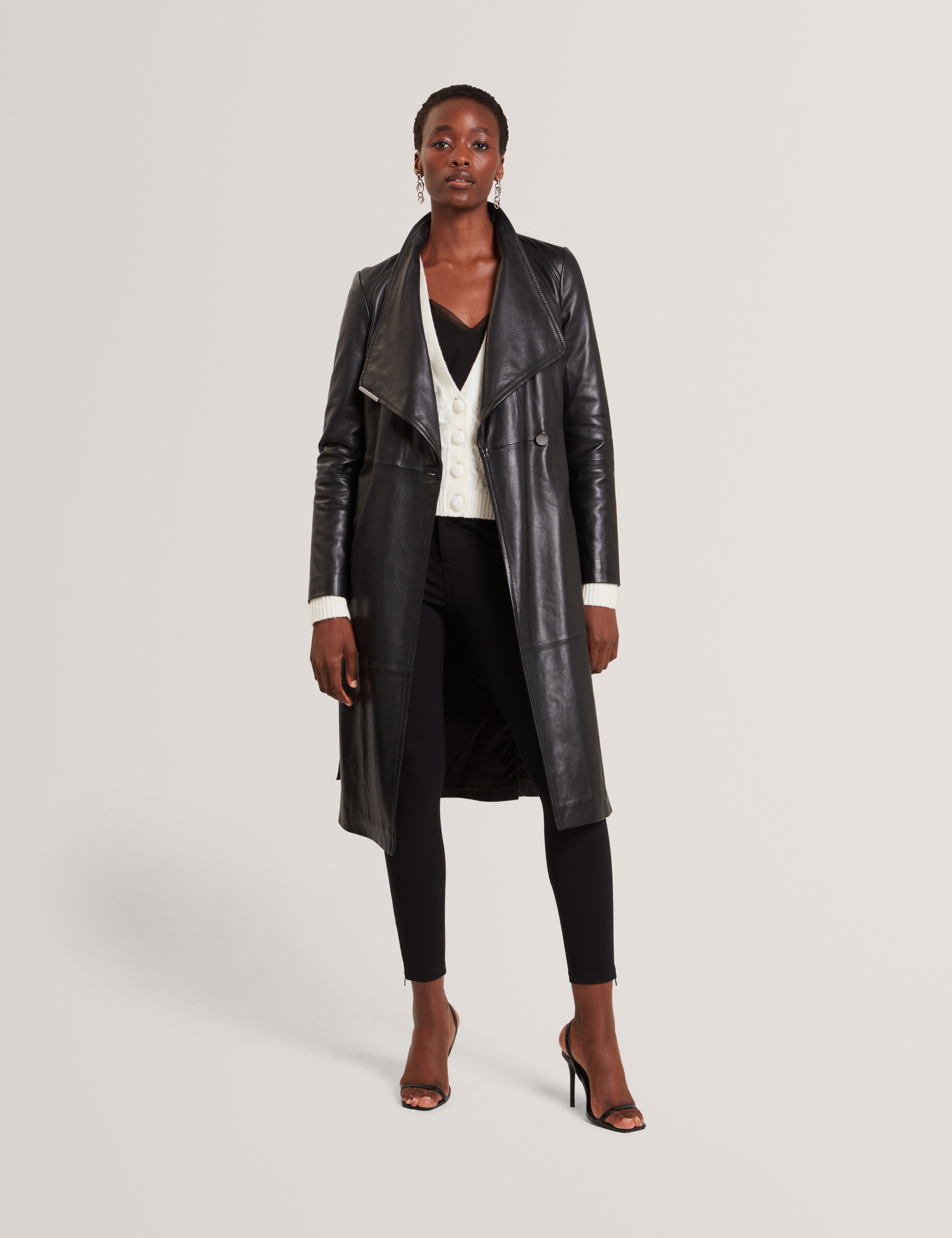Rosmia Belted Leather Midi Wrap Coat Black