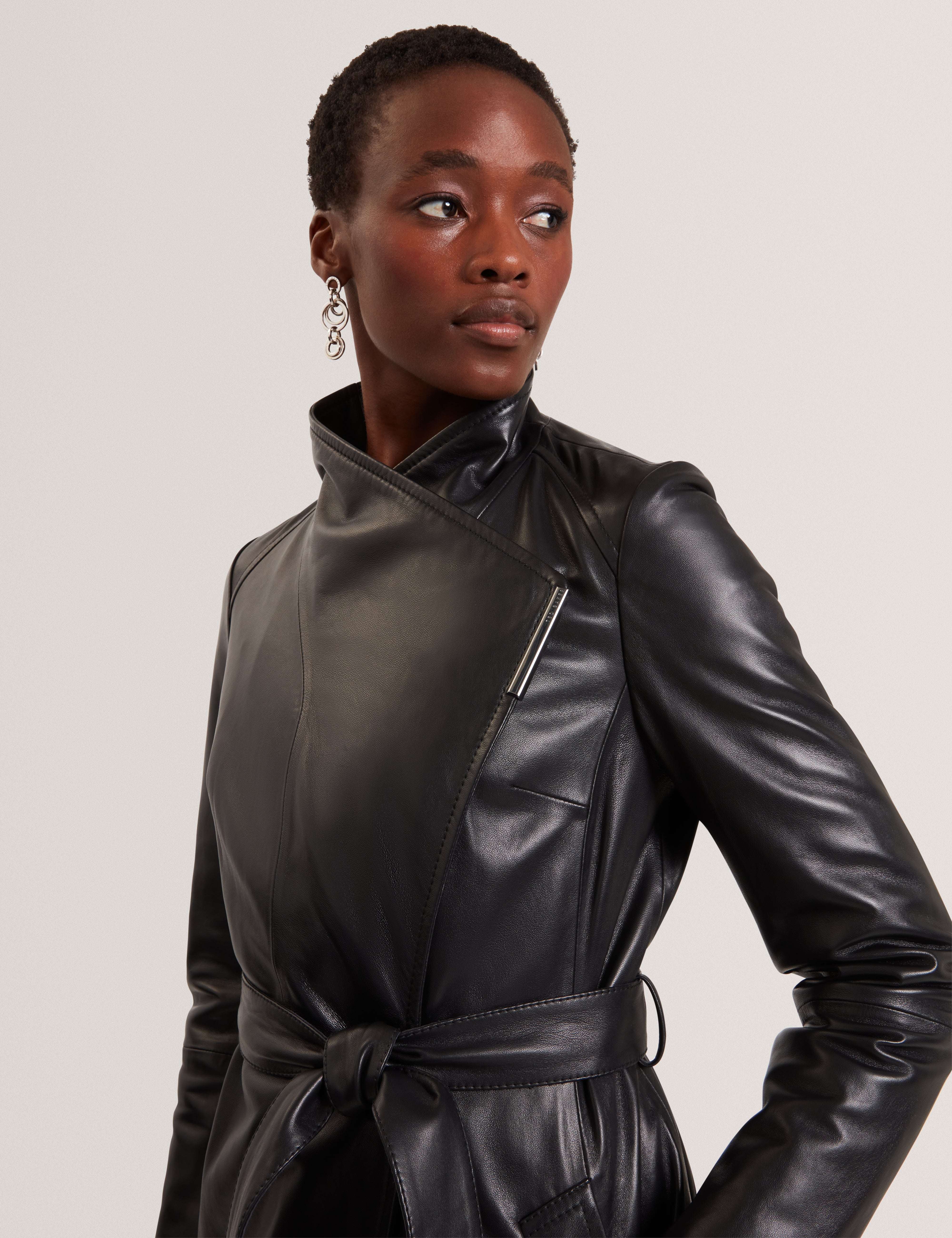 Rosmia Belted Leather Midi Wrap Coat Black