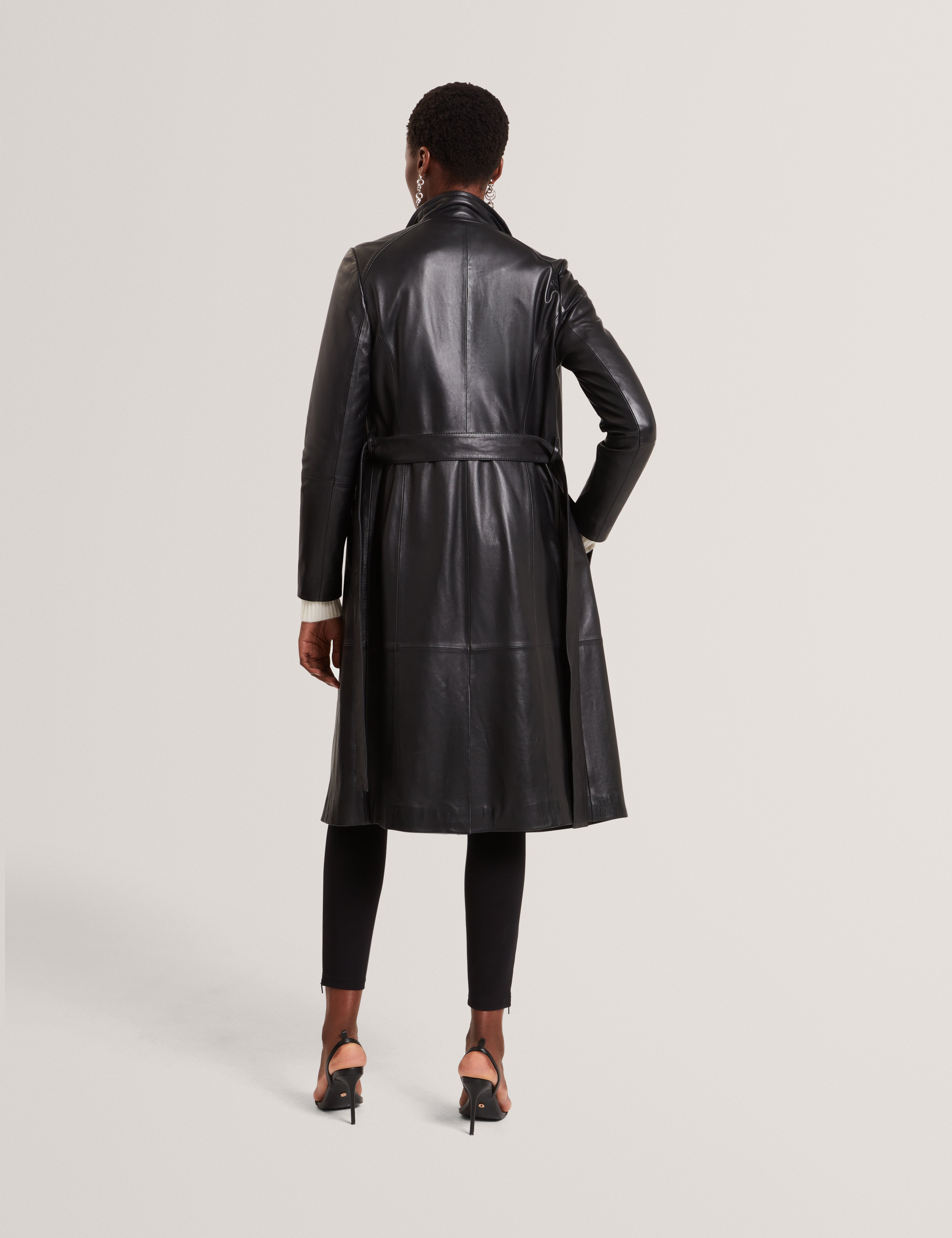 Rosmia Belted Leather Midi Wrap Coat Black