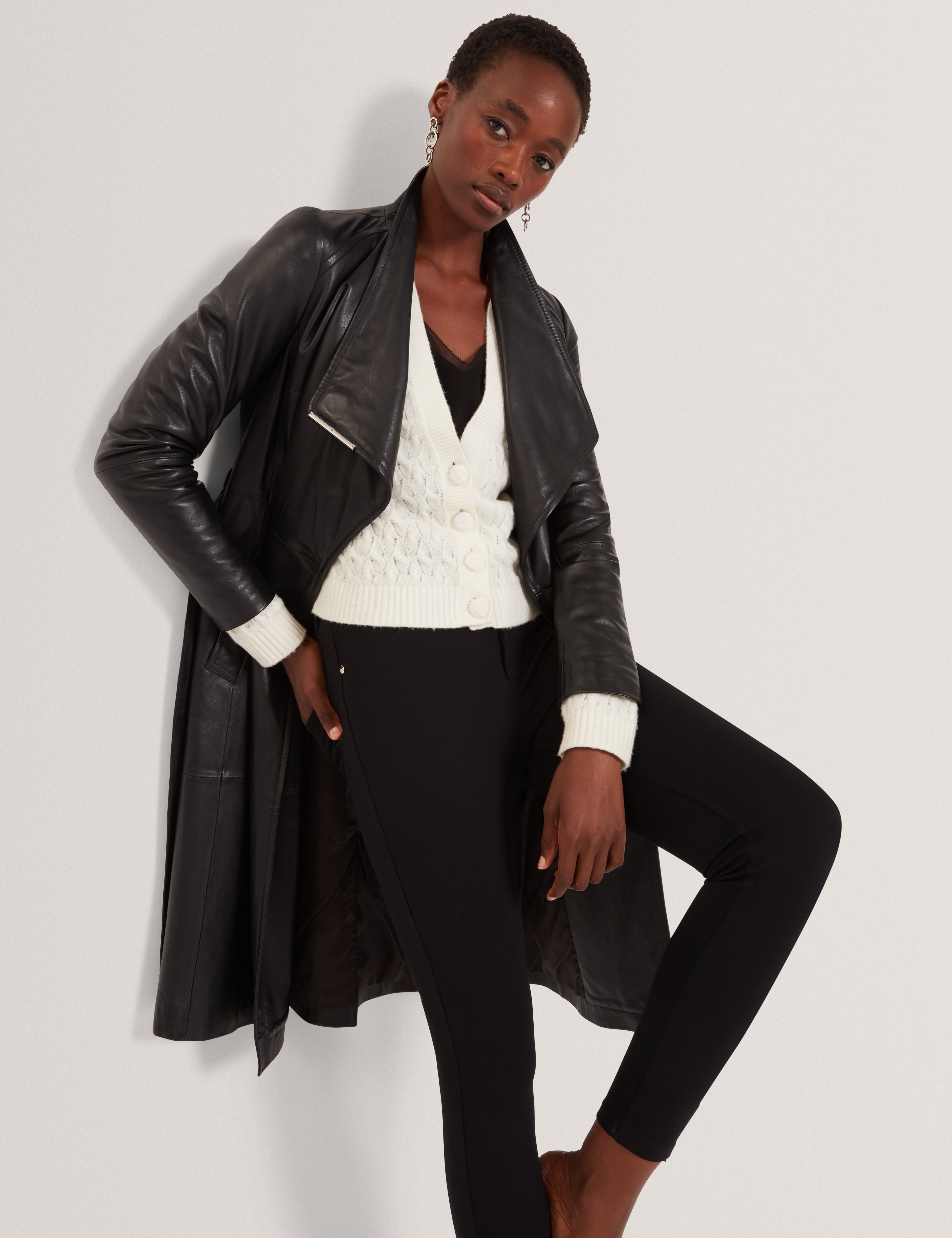 Rosmia Belted Leather Midi Wrap Coat Black