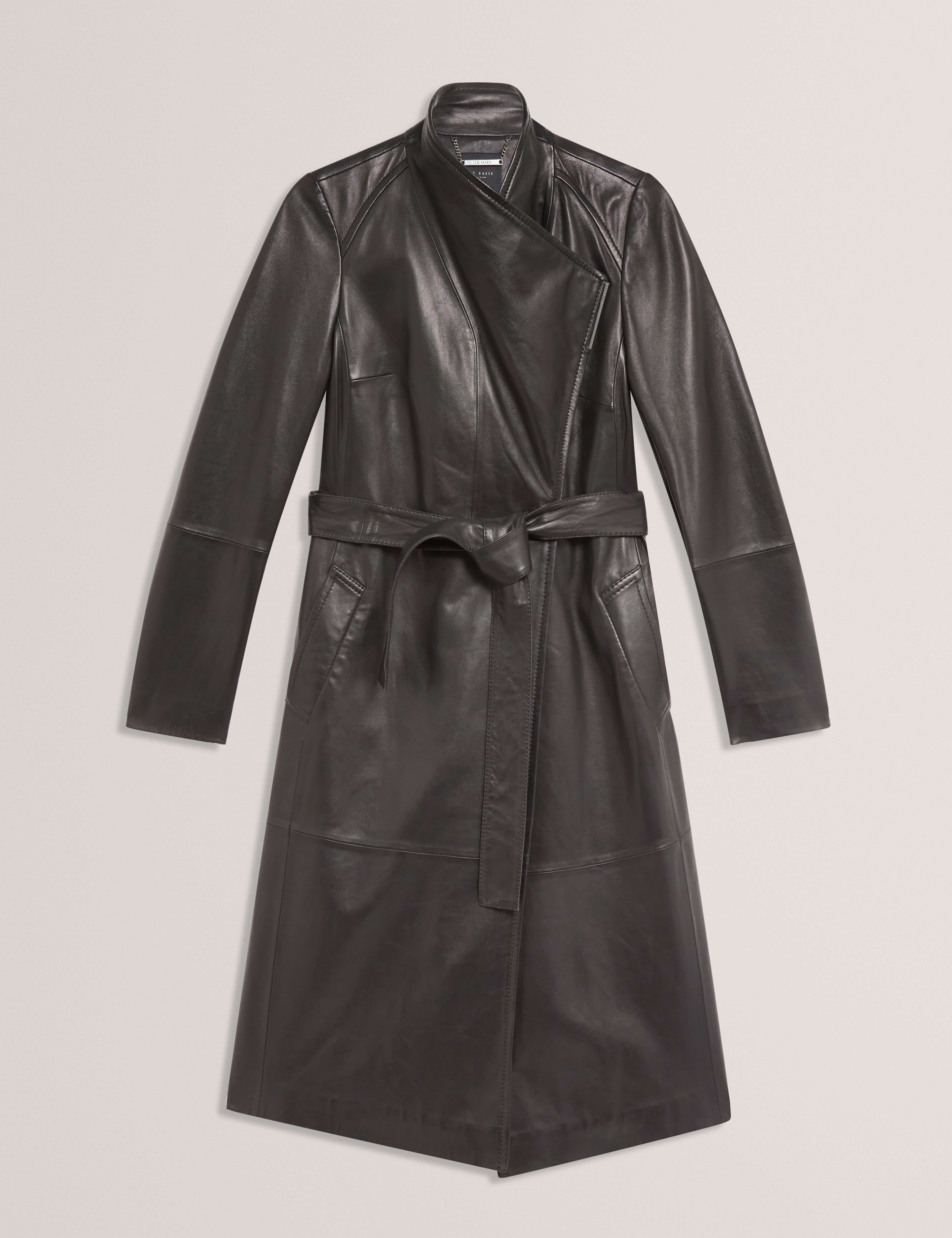 Rosmia Belted Leather Midi Wrap Coat Black