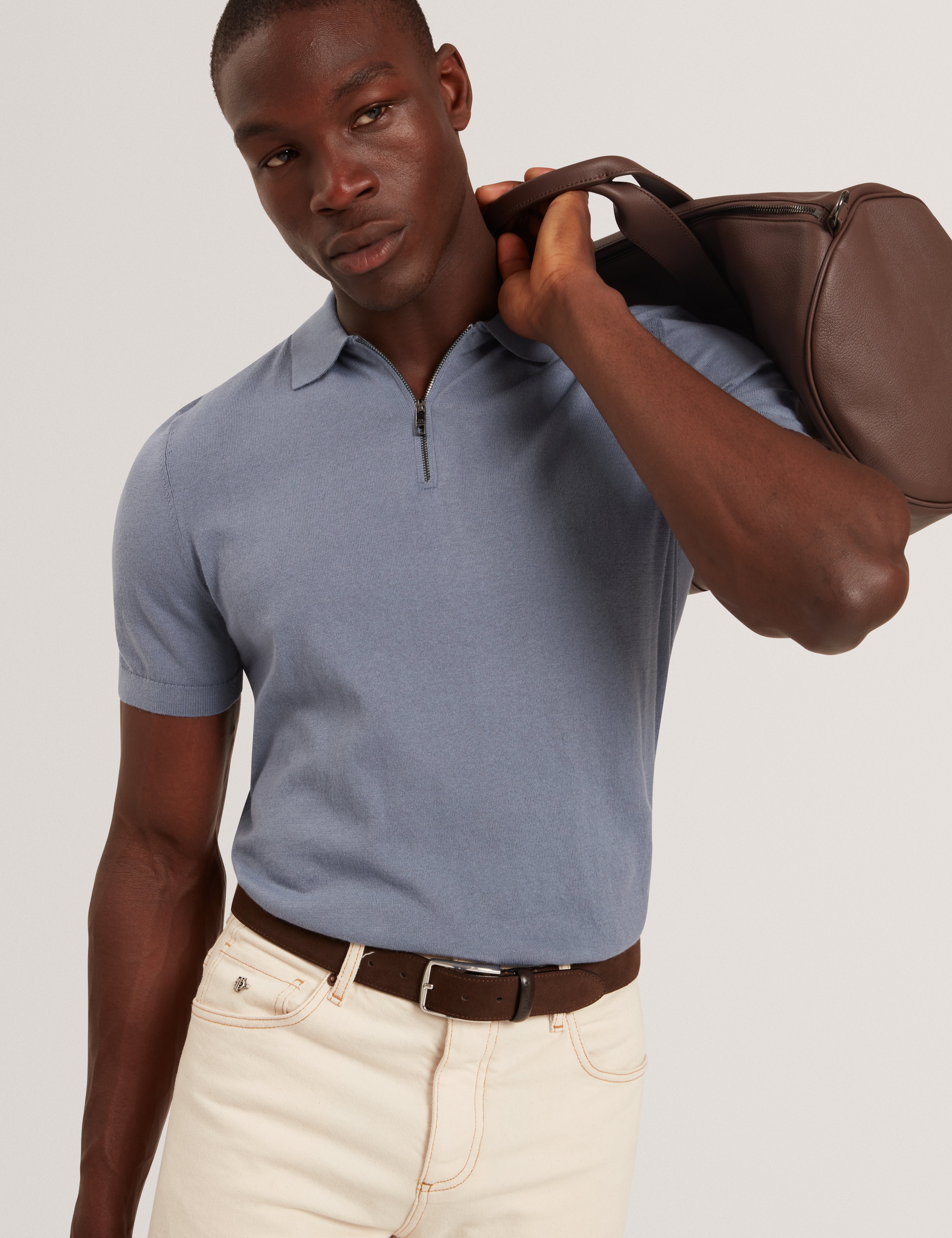 Givrans Short Sleeve Silk Blend Zip Polo Teal-Blue