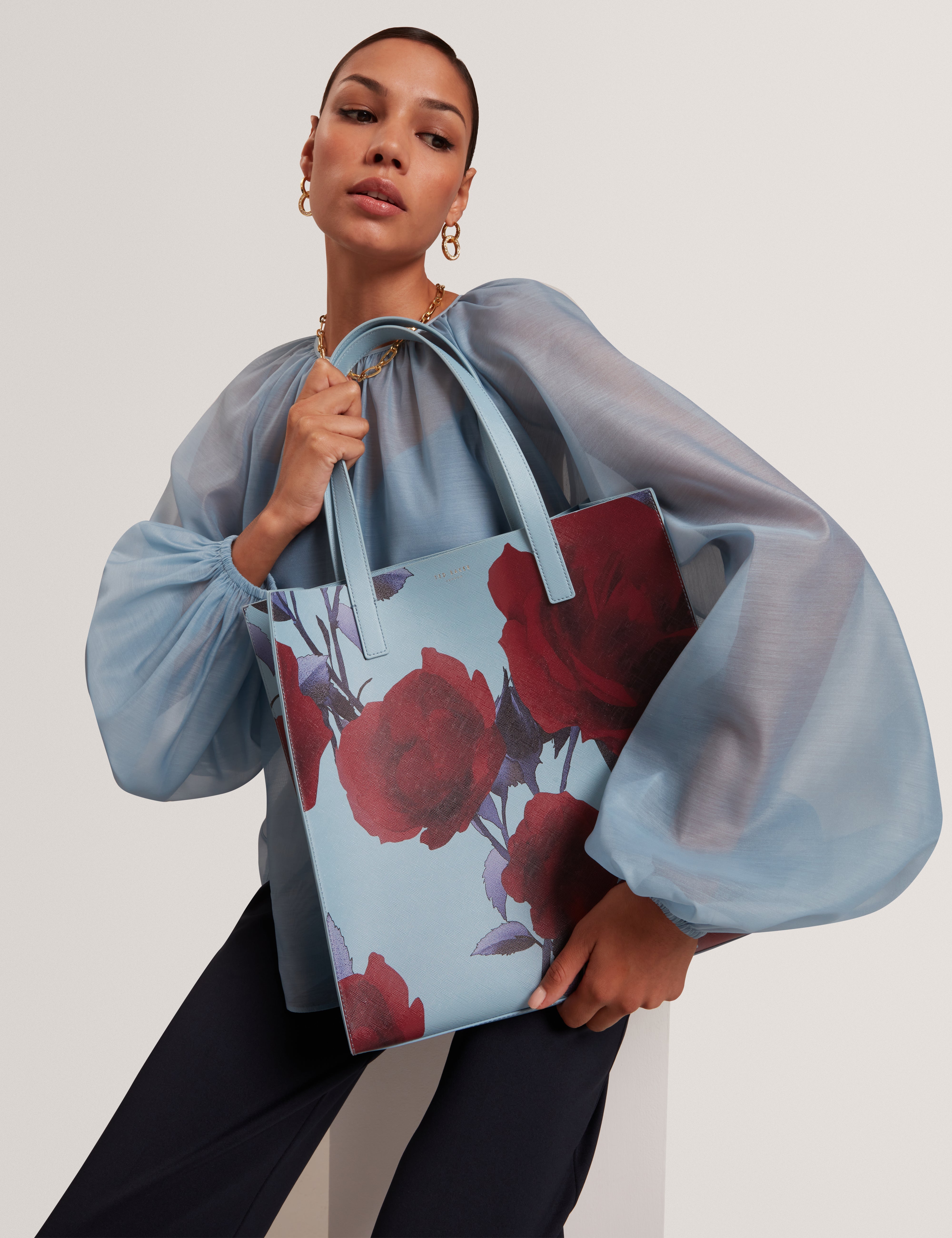 Elyzaa Large Rose Print Icon Bag Mid-Blue