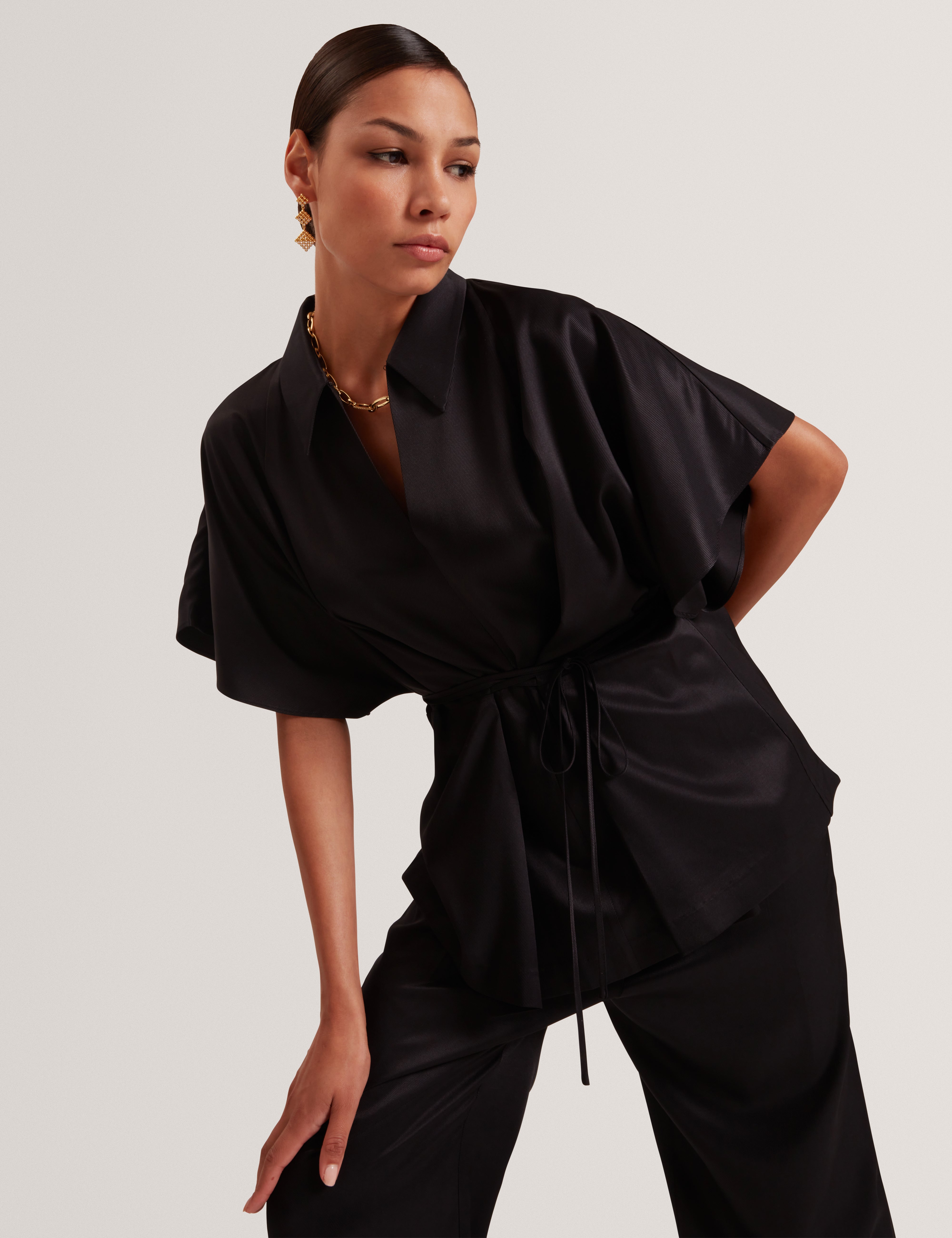 Anaria Tie Detail Short Sleeve Shirt Black